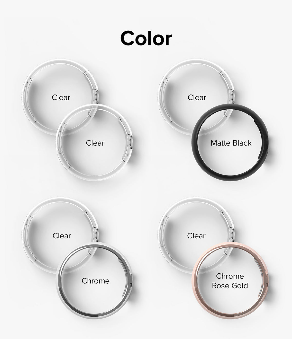 Google Pixel Watch Case | Slim - Four pairs of watch cases showing Clear, Matte Black, Chrome, and Rose Gold color options.