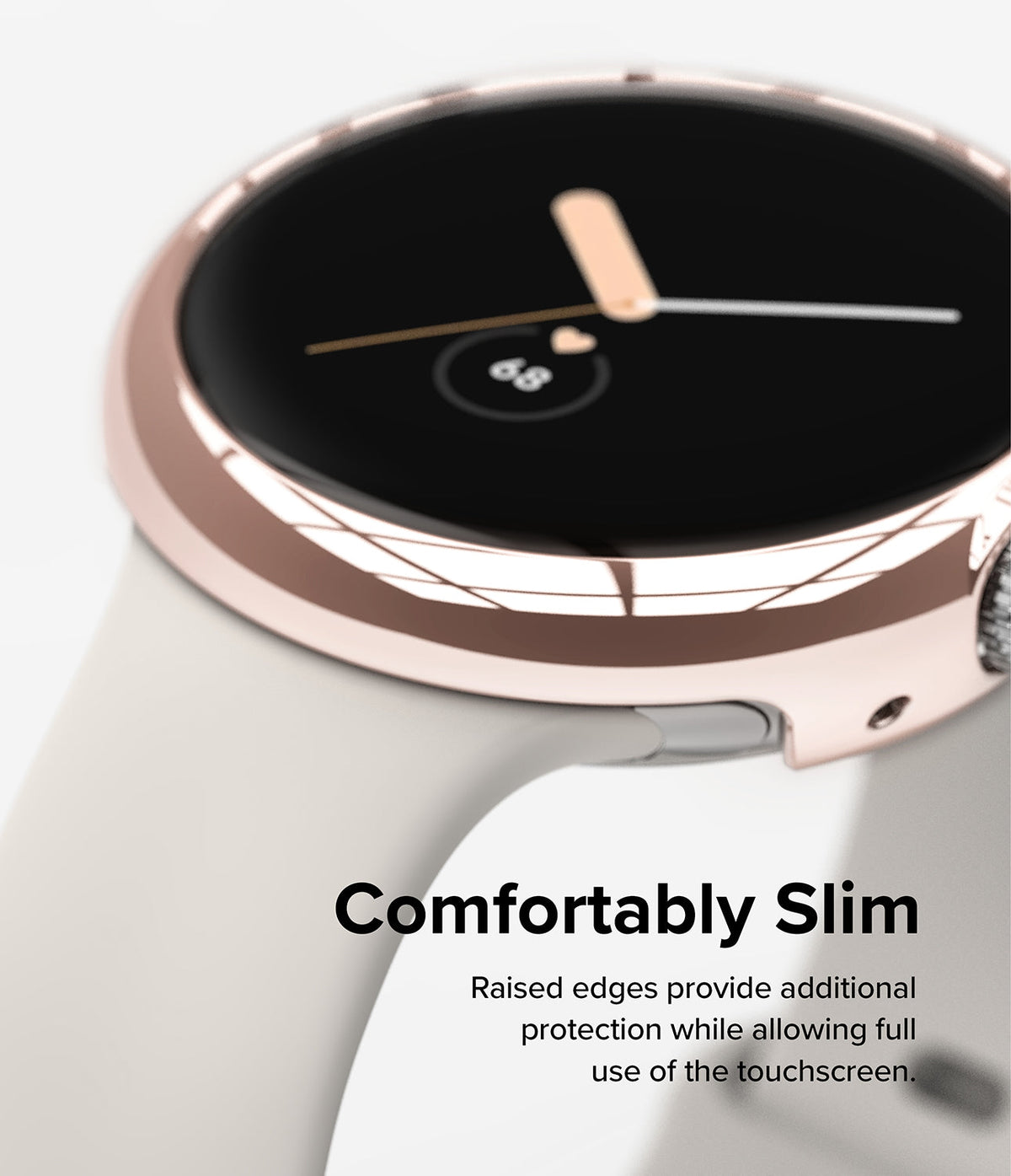 Google Pixel Watch Case | Slim - Close-up of a rose gold protective case on a Pixel Watch with a light-colored band.
