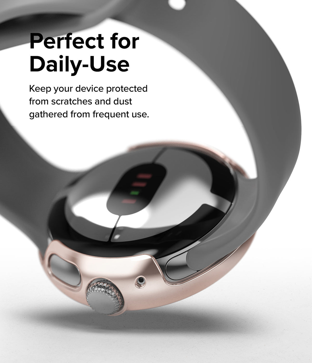Google Pixel Watch Case | Slim - Rose gold protective case on a Google Pixel Watch with a grey band.
