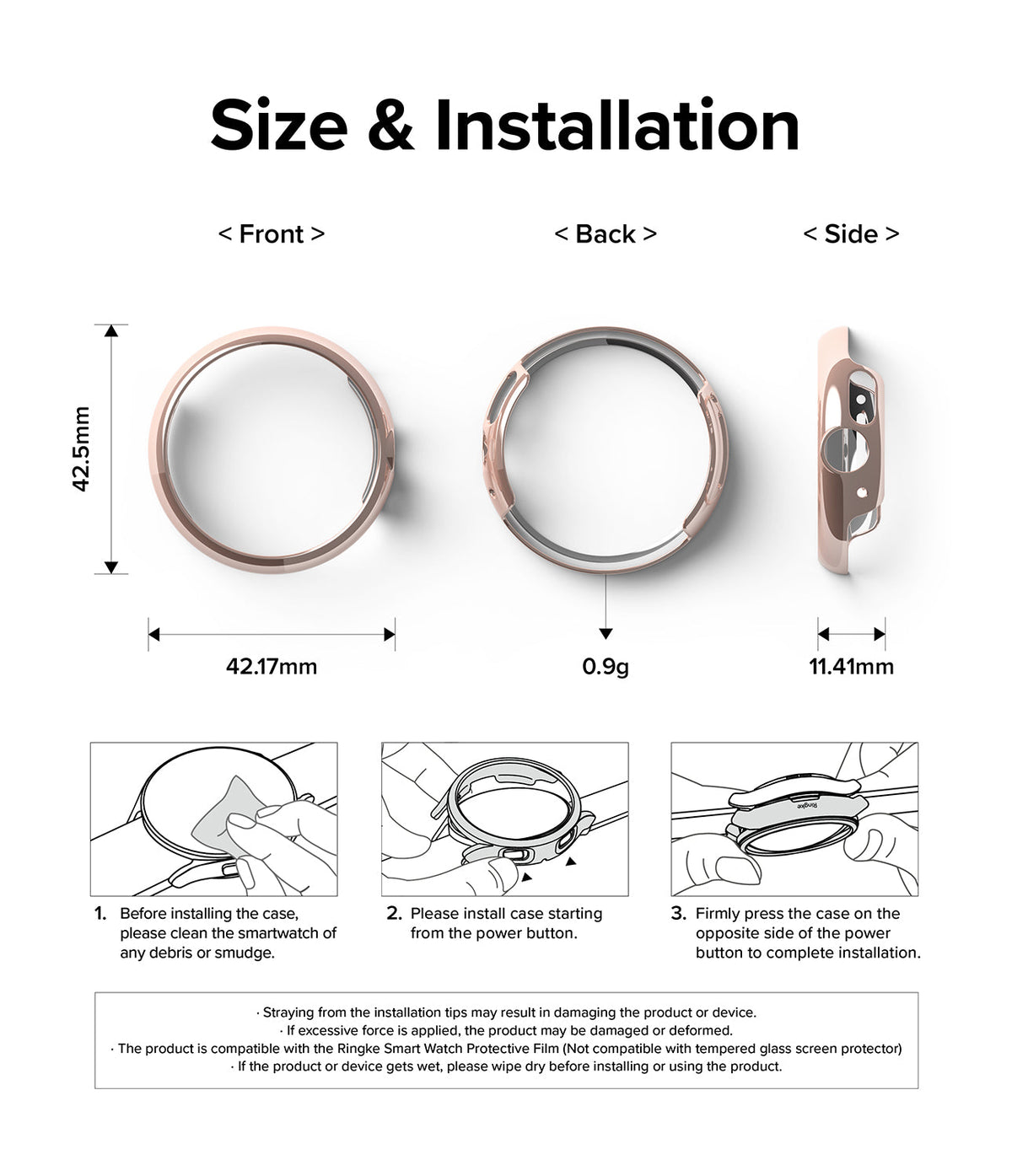 Google Pixel Watch Case | Slim - Technical diagram showing dimensions, weight, and three-step installation guide for the watch case.