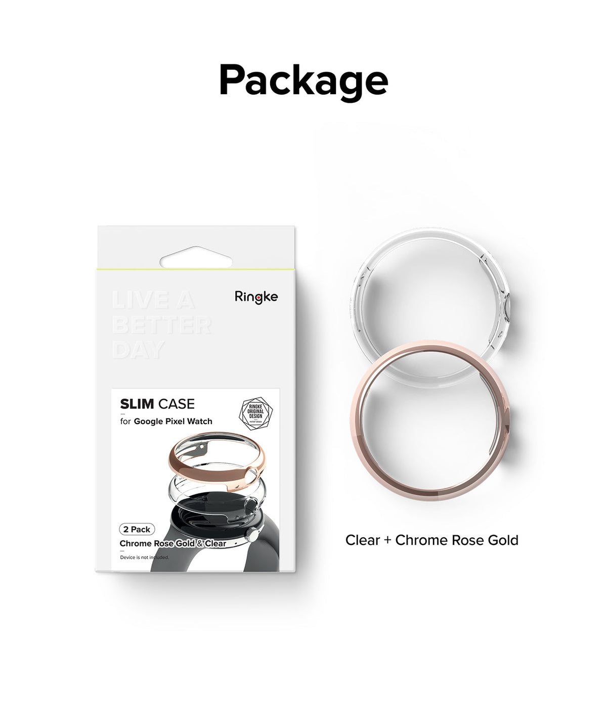 Google Pixel Watch Case | Slim - Retail packaging for a 2-pack of clear and chrome rose gold slim watch cases.