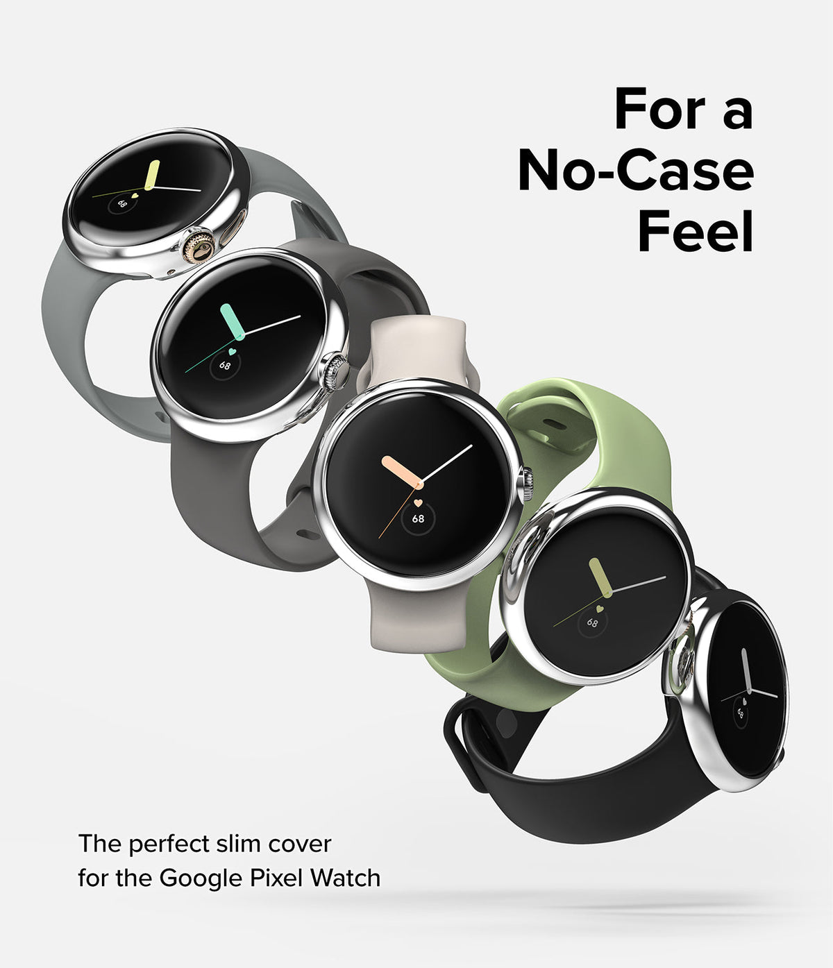 Google Pixel Watch Case | Slim - Five Google Pixel Watches with slim protective cases in various band colors arranged diagonally.