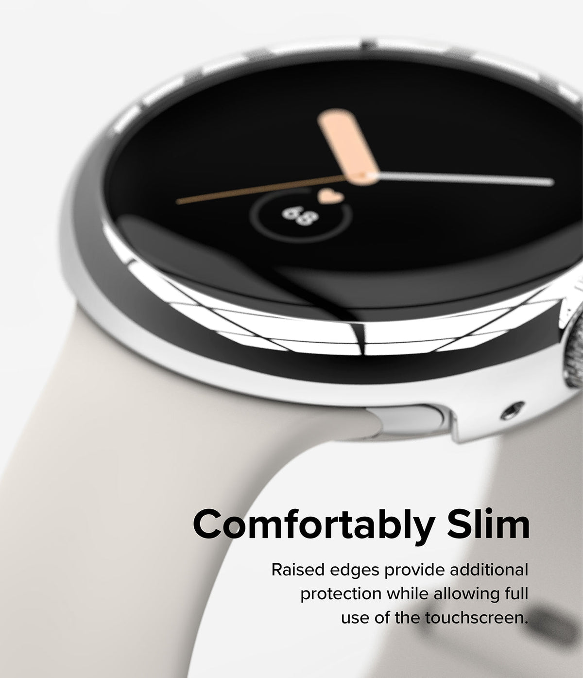 Google Pixel Watch Case | Slim - Close-up of a sleek, silver protective case on a smartwatch with a light-colored band.