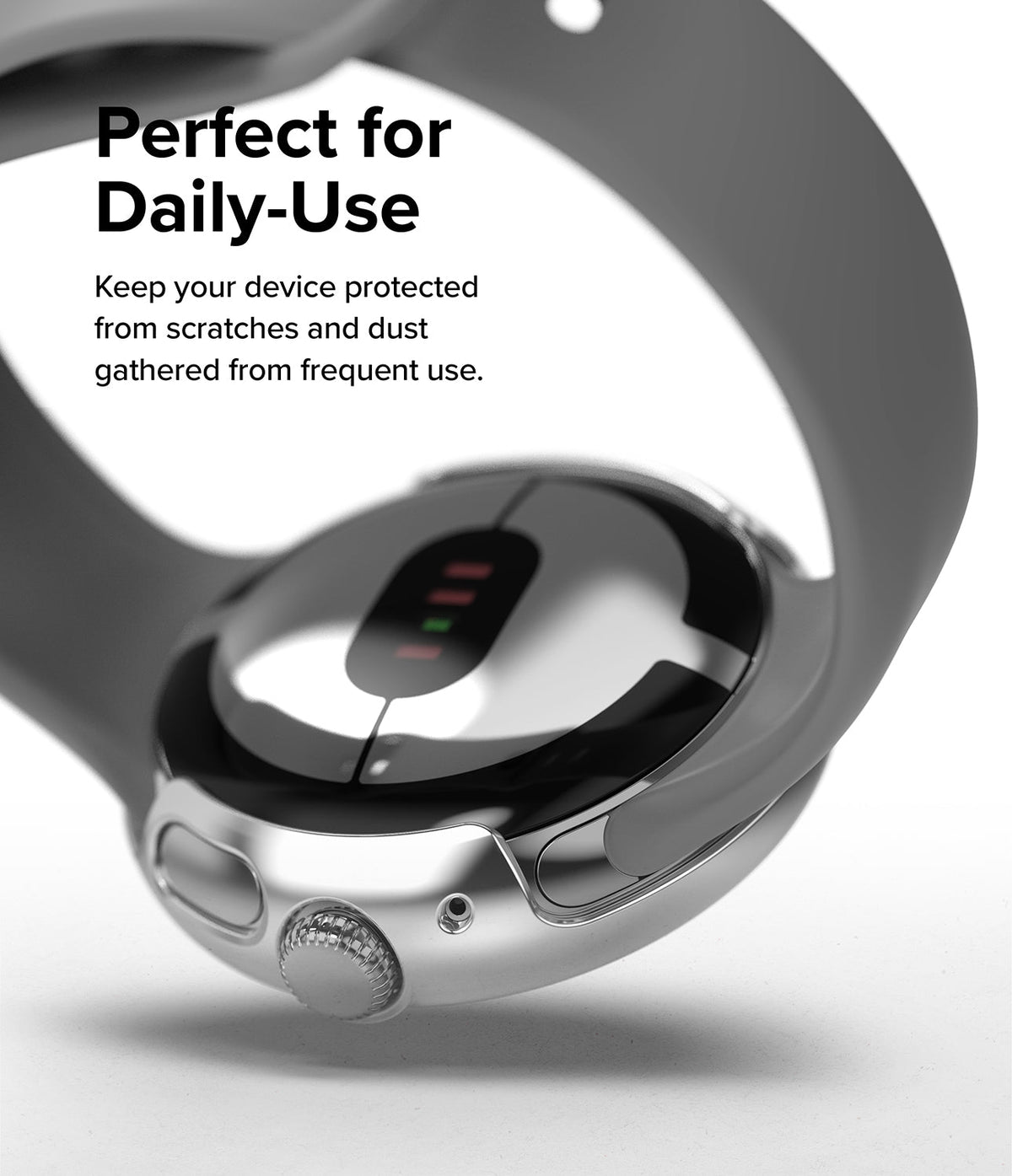 Google Pixel Watch Case | Slim - Close-up of a silver protective case on a Google Pixel Watch with text overlay.