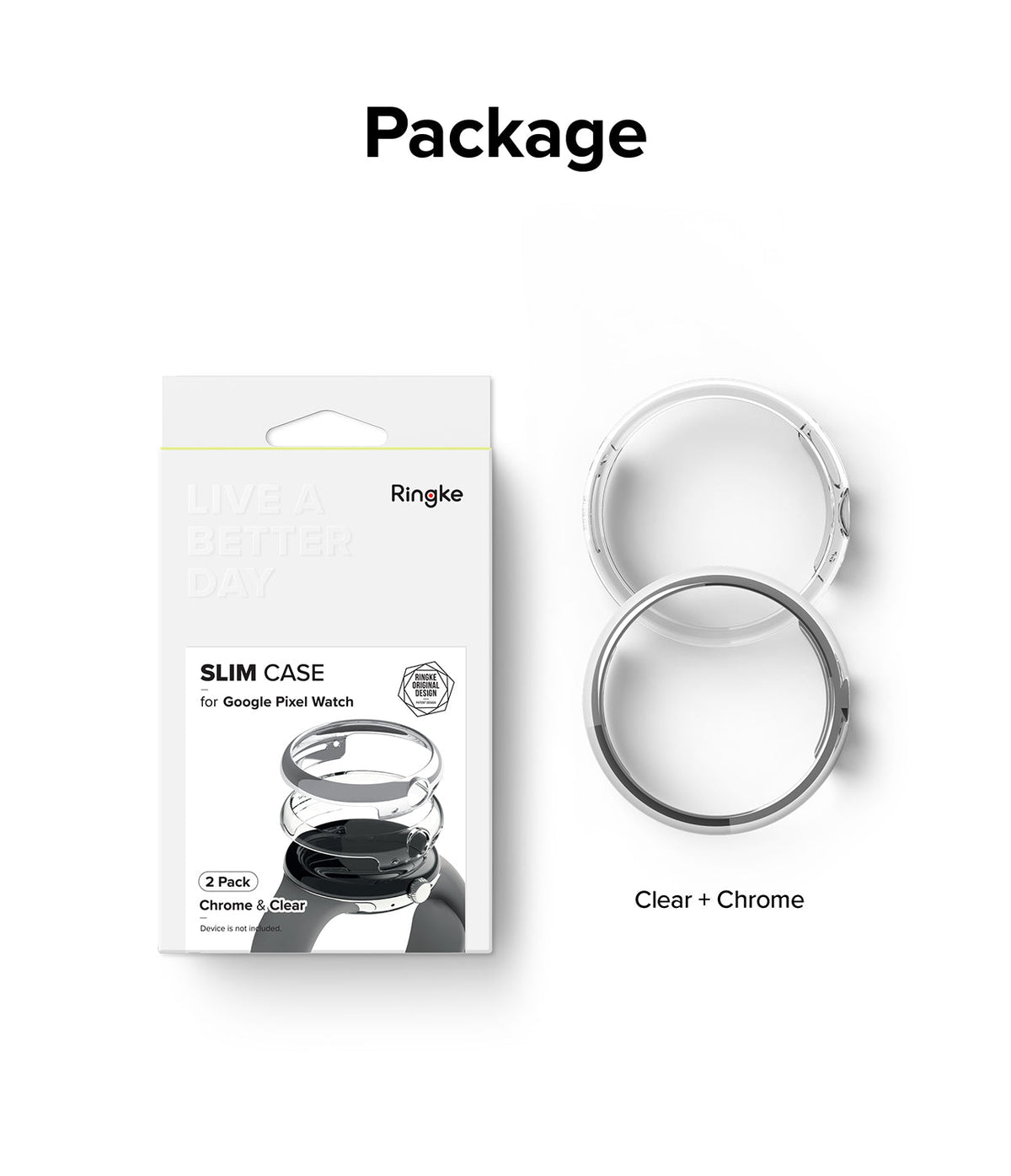 Google Pixel Watch Case | Slim - Retail packaging for a 2-pack of clear and chrome slim cases for Google Pixel Watch.