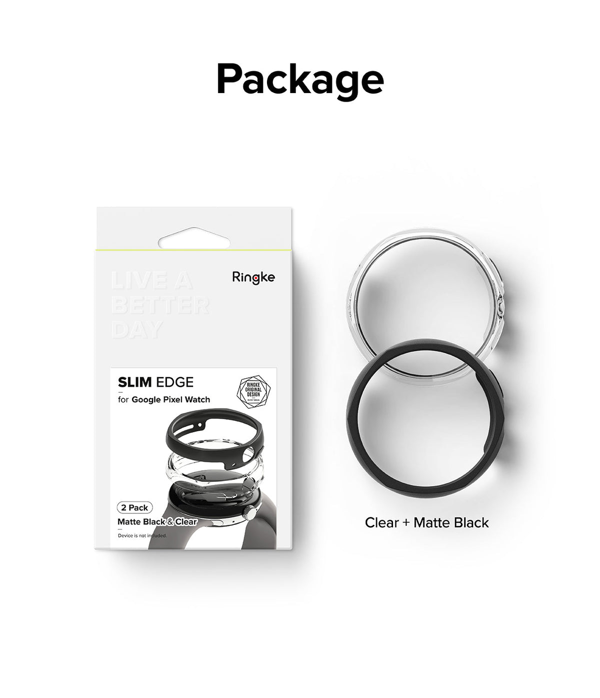 Google Pixel Watch Case | Slim Edge - Retail packaging for a 2-pack of clear and matte black watch cases.