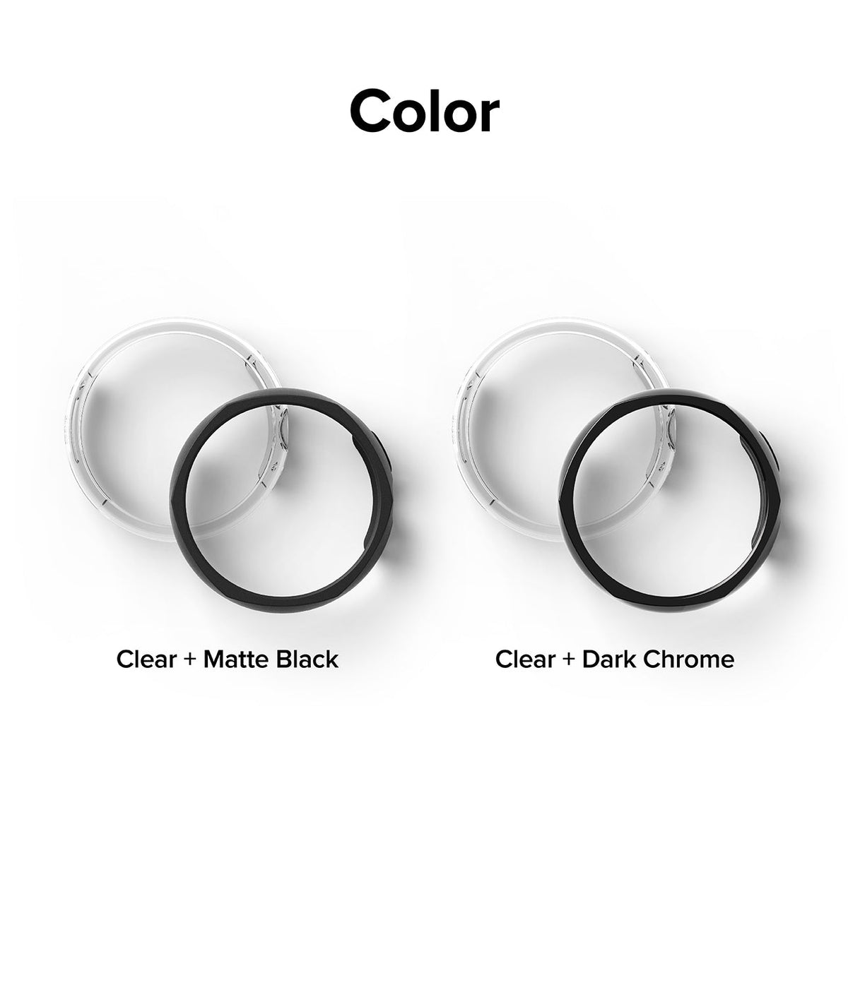Google Pixel Watch Case | Slim Edge - Two sets of clear and colored watch cases labeled Matte Black and Dark Chrome.