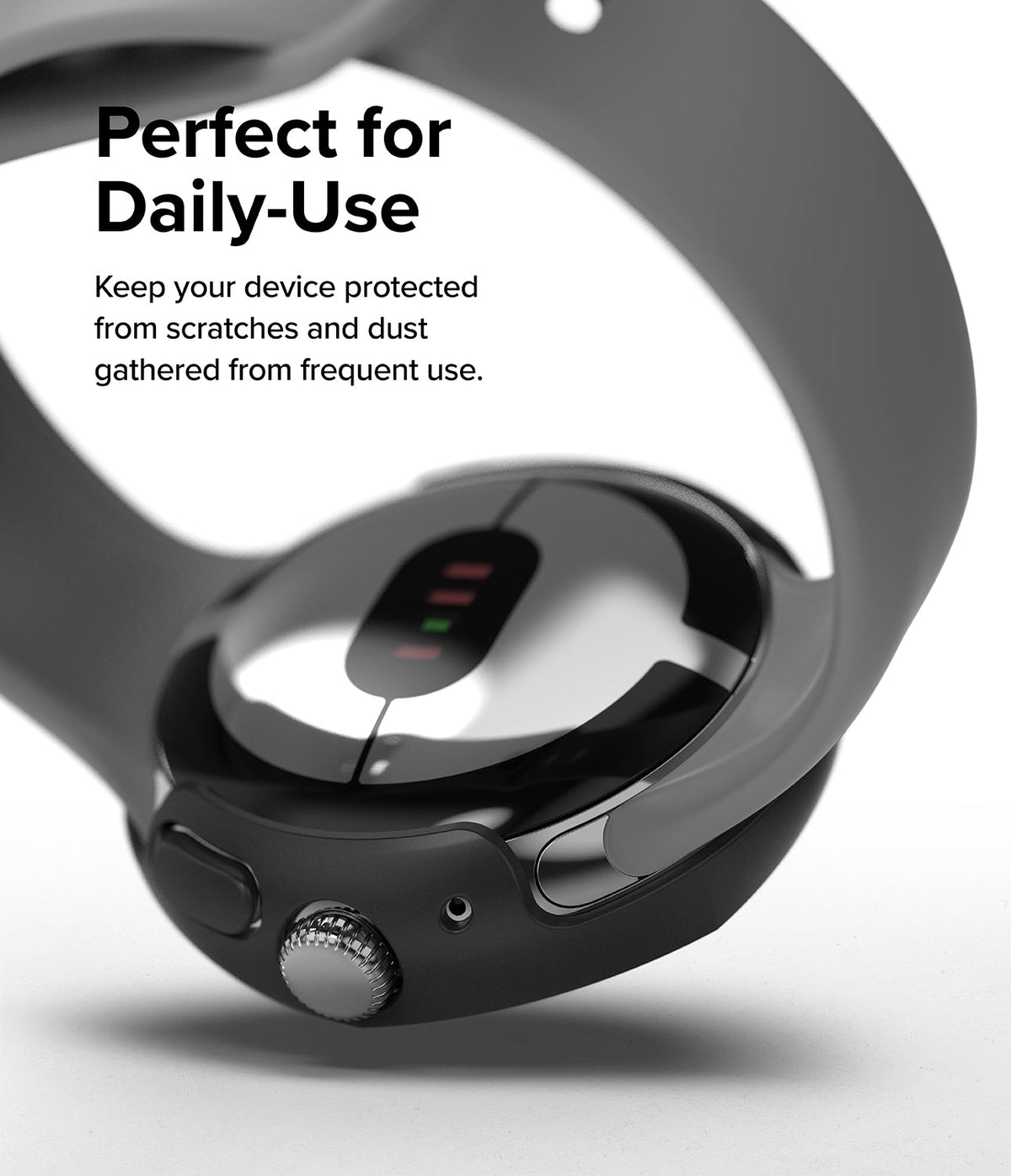 Google Pixel Watch Case | Slim Edge - Black protective case on a Pixel Watch with text about daily use protection.