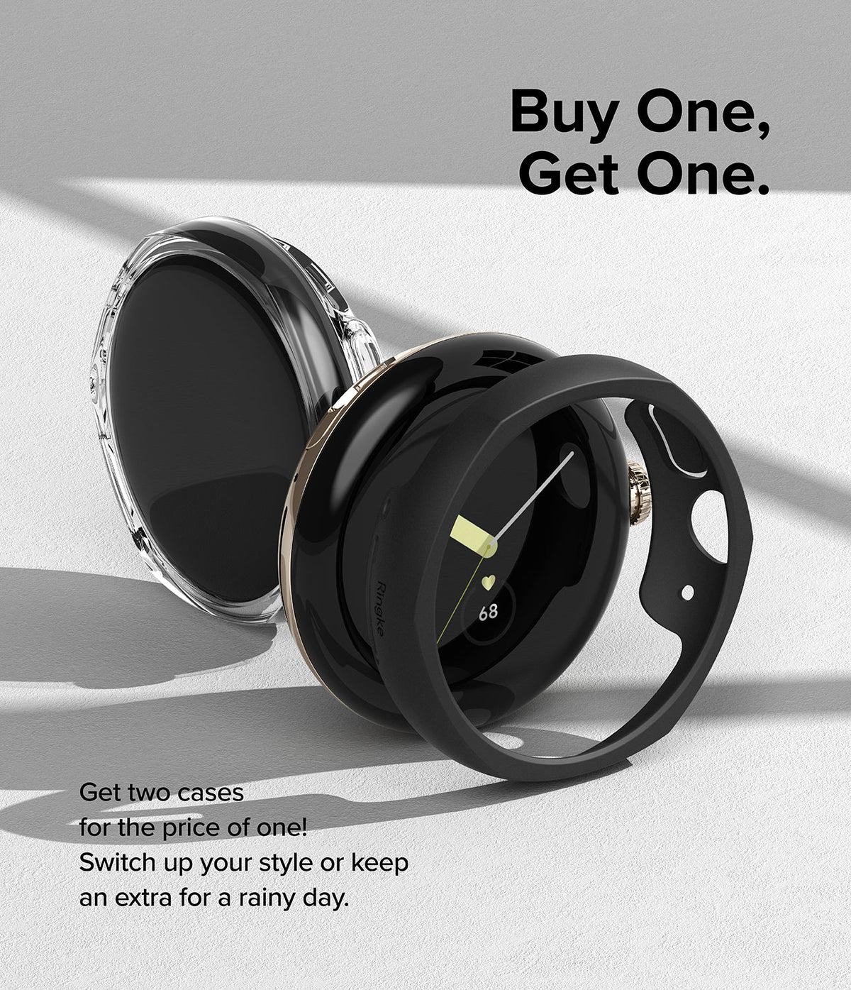 Google Pixel Watch Case | Slim Edge - Clear and black protective watch cases displayed with promotional text.