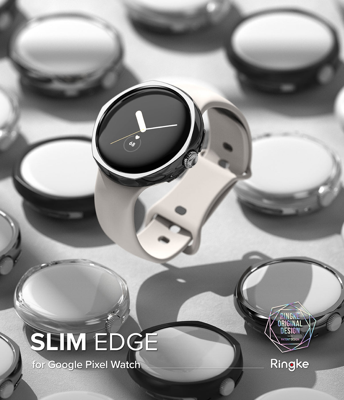 Google Pixel Watch Case | Slim Edge - A white smartwatch with a sleek black protective case floating above others.