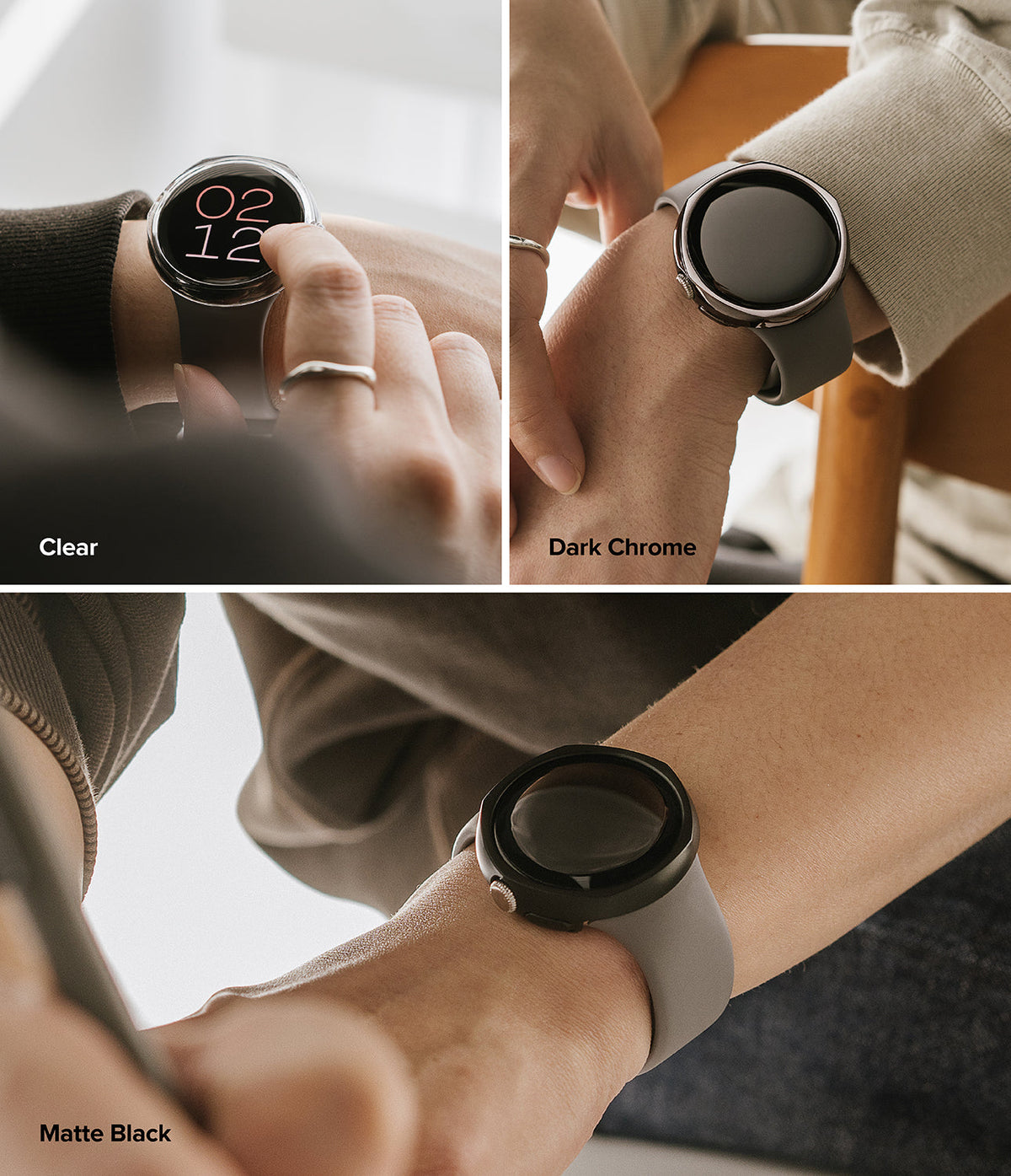 Google Pixel Watch Case | Slim Edge - Three views of a smartwatch with clear, dark chrome, and matte black protective cases.