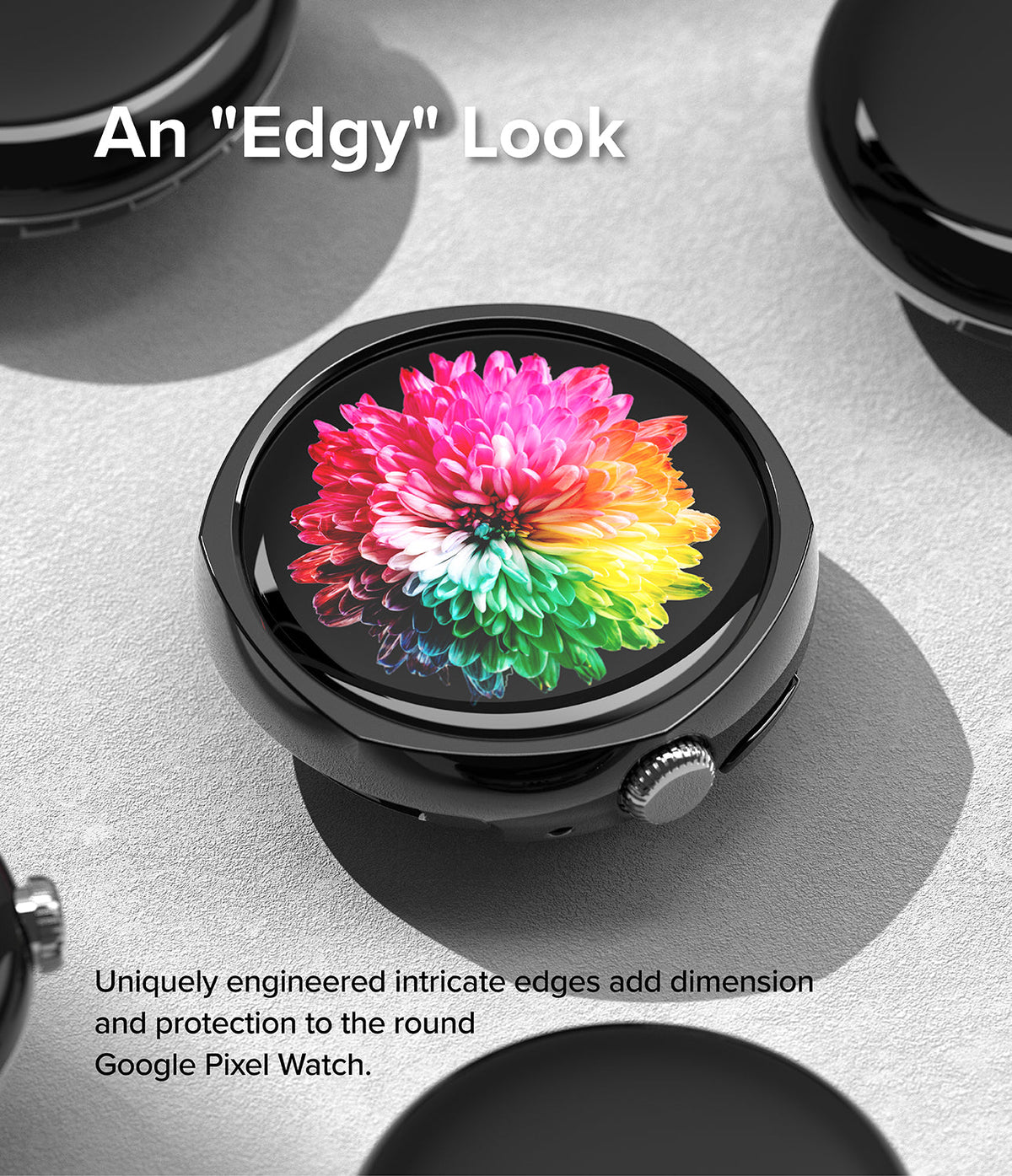 Google Pixel Watch Case | Slim Edge - Black watch case with angular edges surrounding a vibrant, rainbow-colored flower watch face.