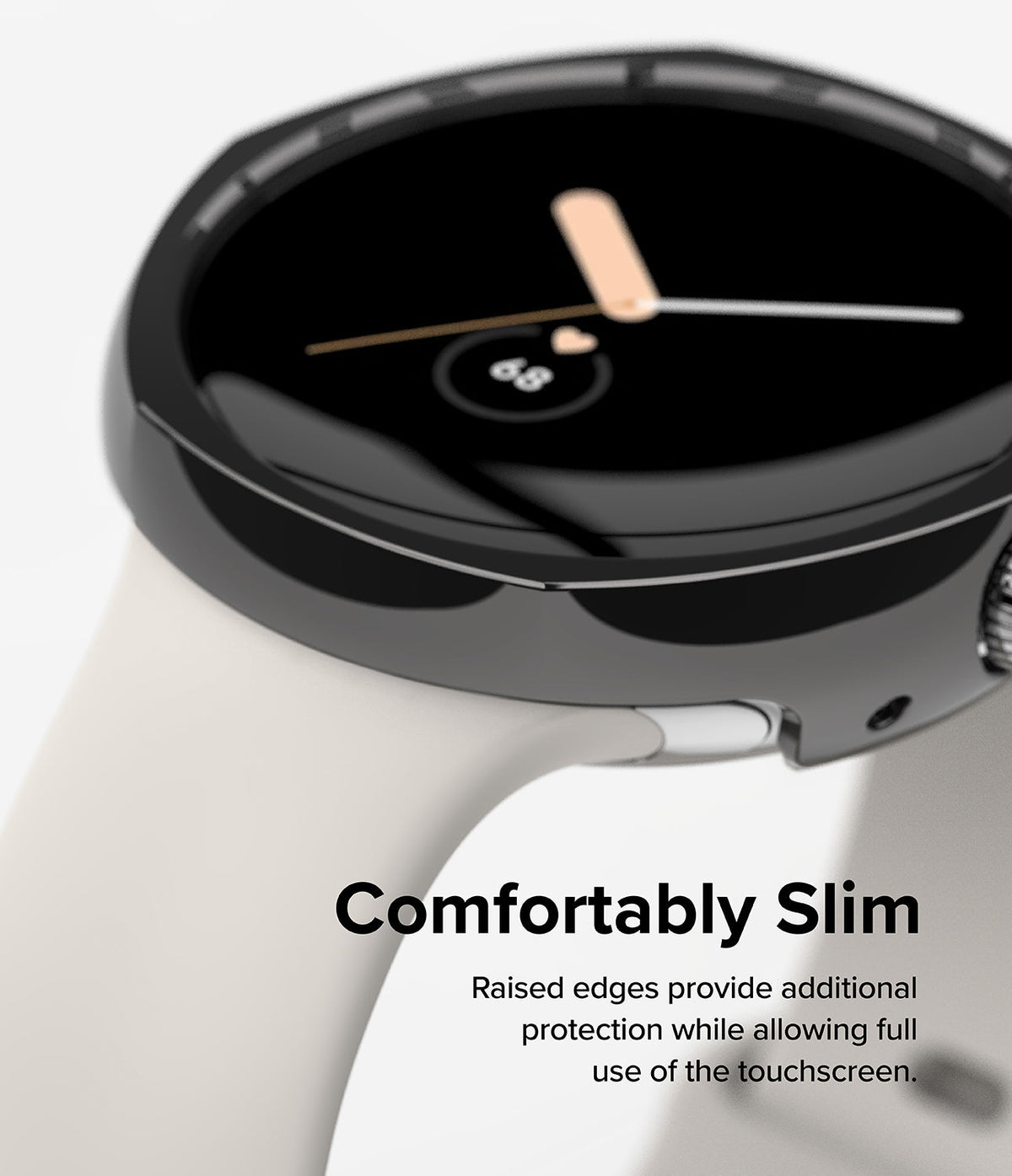 Google Pixel Watch Case | Slim Edge - Close-up of a slim black protective case on a smartwatch with a white band.
