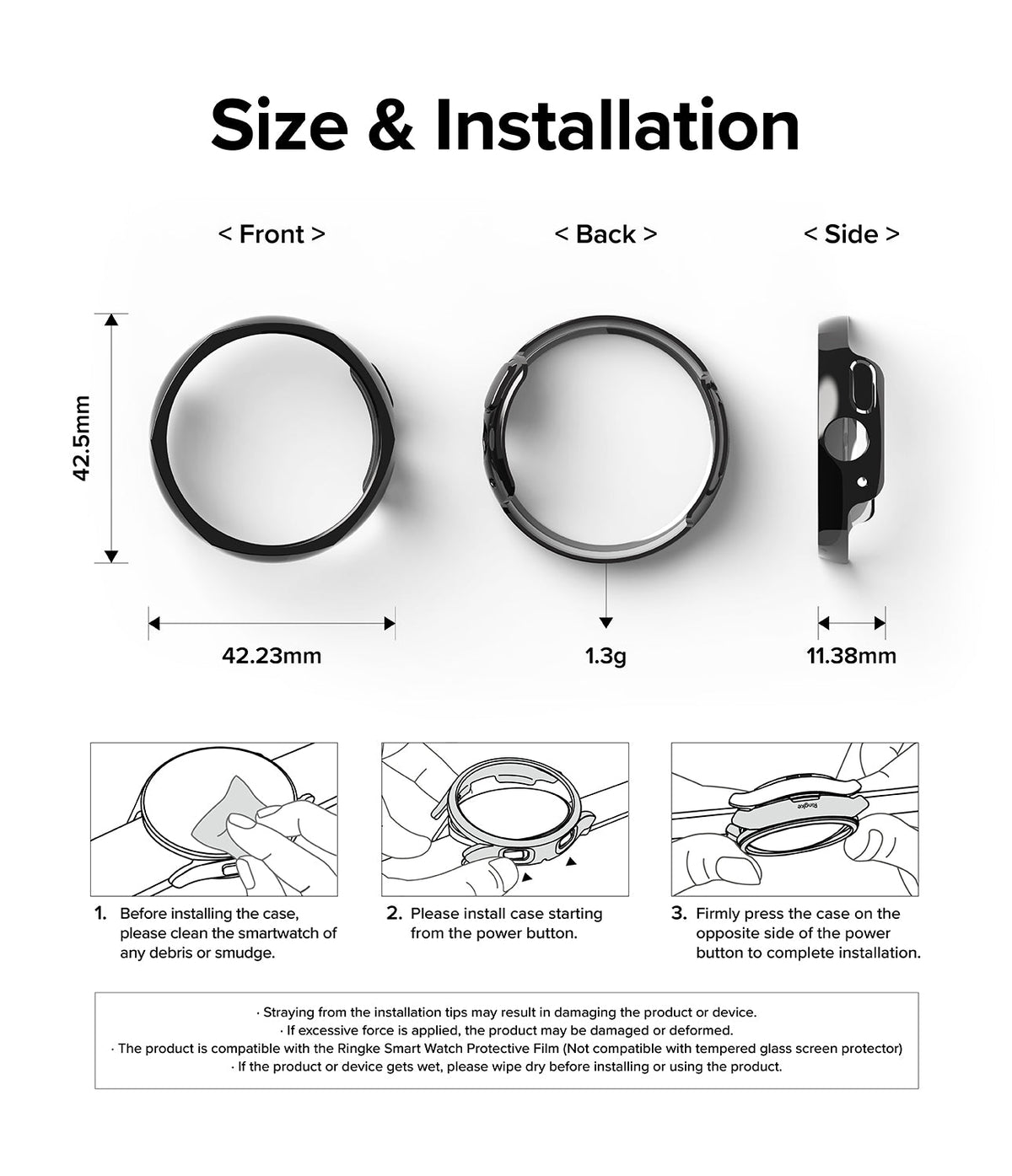 Google Pixel Watch Case | Slim Edge - Technical diagram showing dimensions, weight, and three-step installation guide.