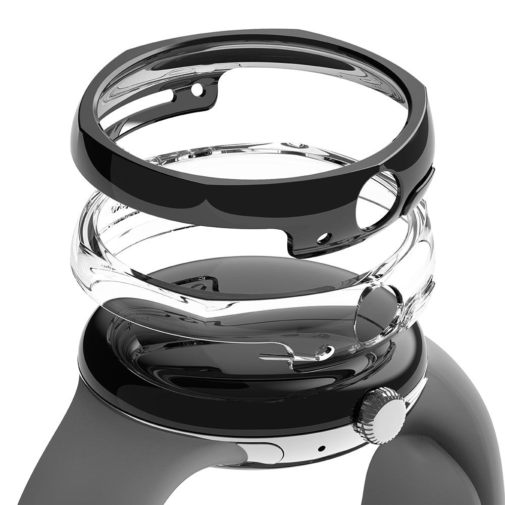 Google Pixel Watch Case | Slim Edge - Exploded view of a black watch case, clear protective shell, and a smartwatch.