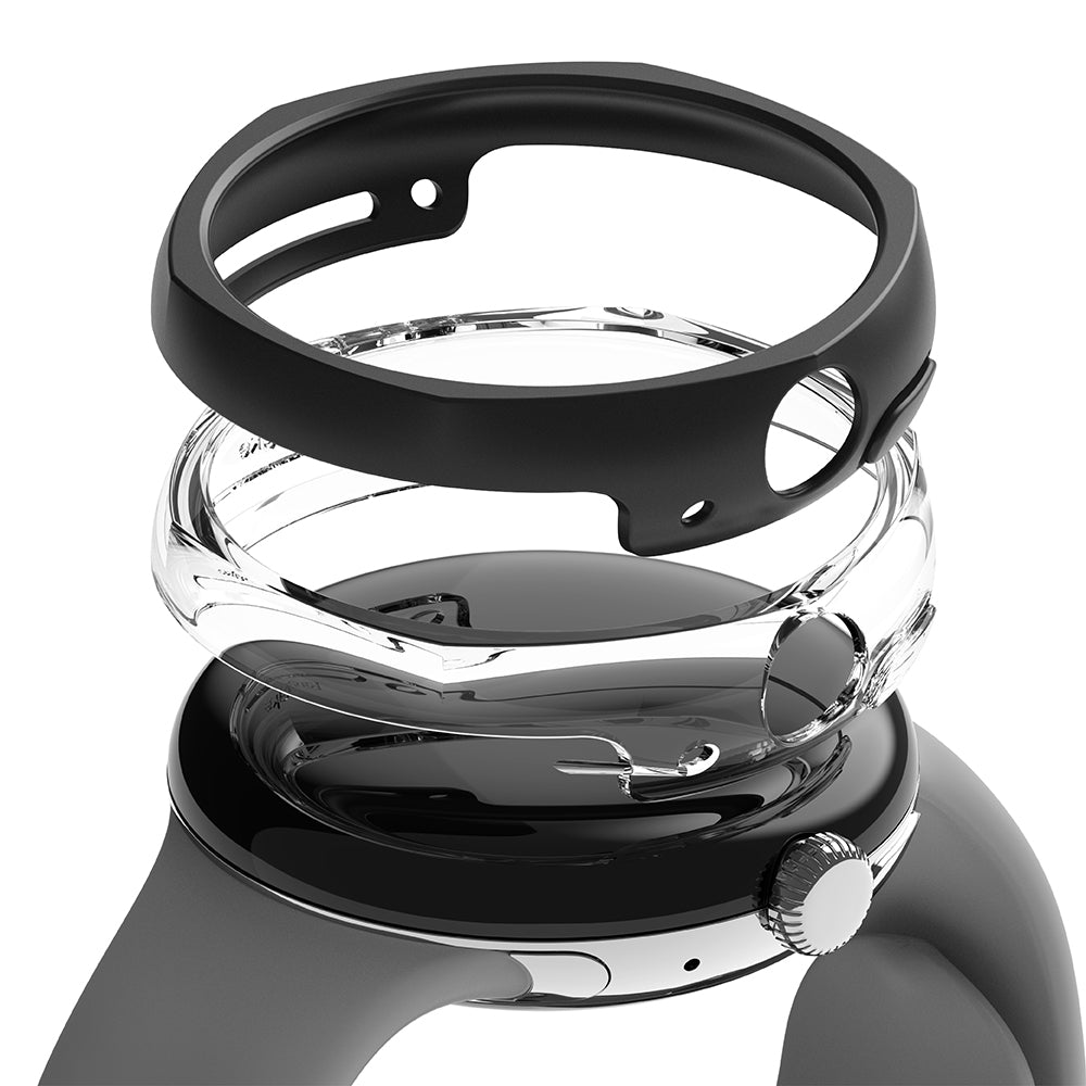 Google Pixel Watch Case | Slim Edge - Exploded view of a black watch, clear protective shell, and matte black frame.