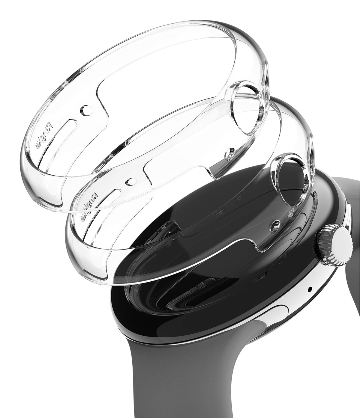 Google Pixel Watch Case | Slim - A transparent protective case hovering above a black Google Pixel Watch.