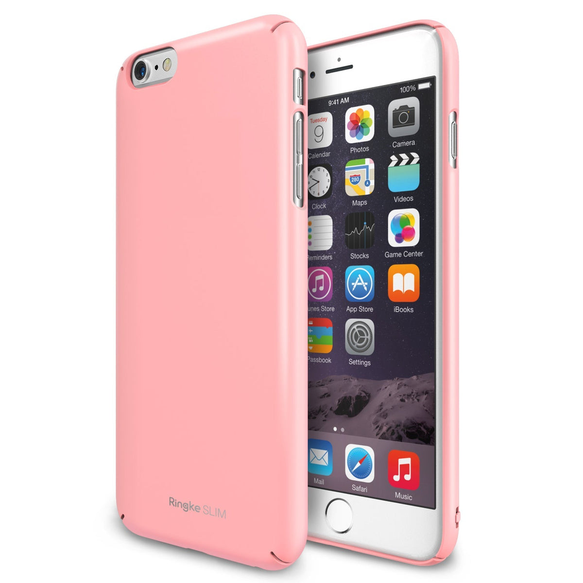 iPhone 6 Plus Case | Slim - Pink slim-fit protective case shown on an iPhone 6 Plus with a white front and iOS home screen.