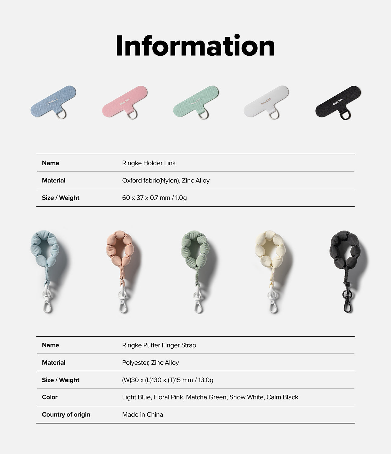 Holder Link Puffer | Finger - Product information chart displaying Ringke Holder Links and Puffer Finger Straps in five colors.