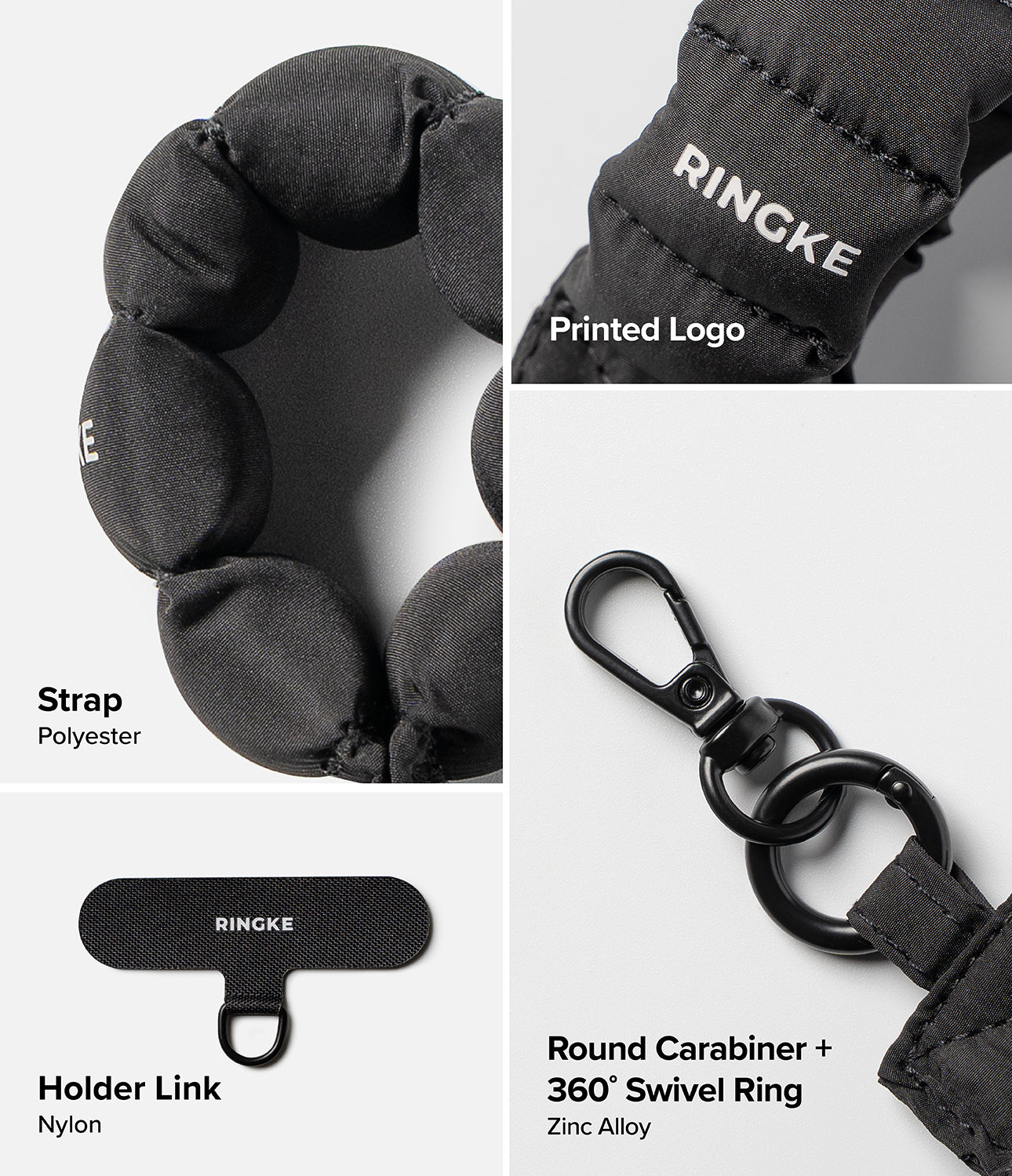 Holder Link Puffer | Finger - Black quilted polyester finger strap with Ringke logo, nylon holder link, and swivel carabiner.