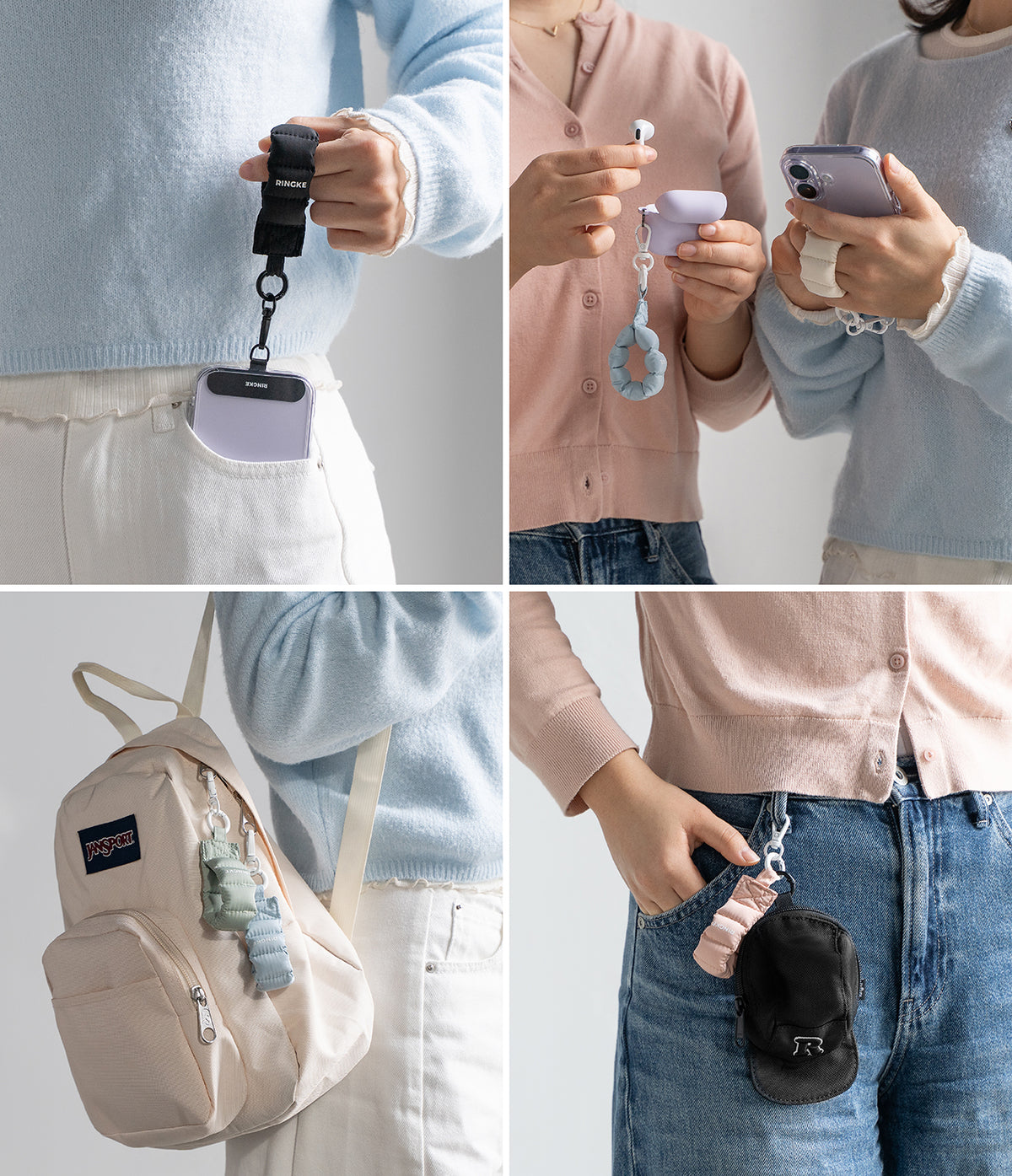 Holder Link Puffer | Finger - Four-panel collage showing puffer-style finger straps attached to phones, earbuds, and bags.
