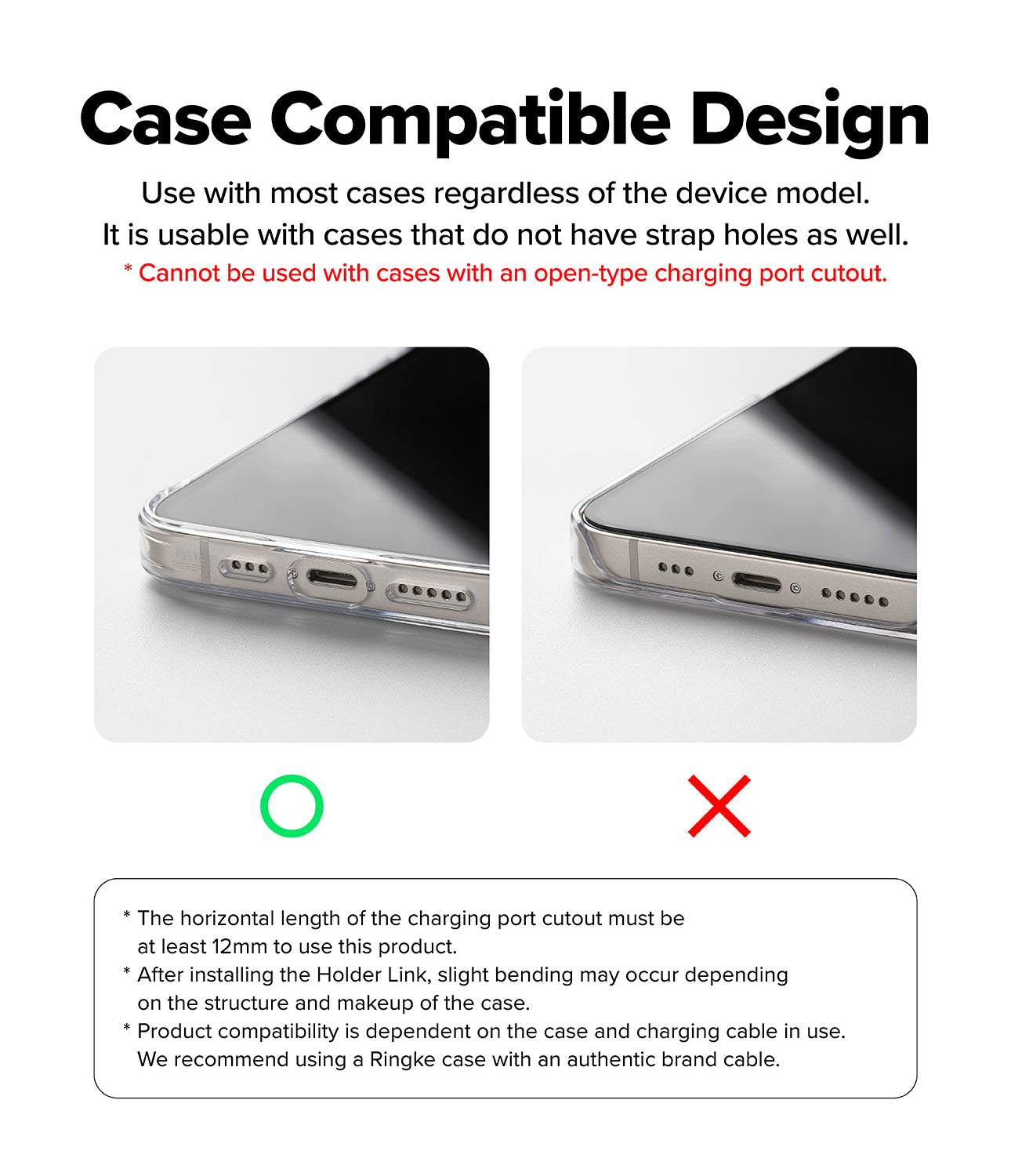 Holder Link Puffer | Finger - Comparison of compatible and incompatible phone case charging port cutouts for strap installation.