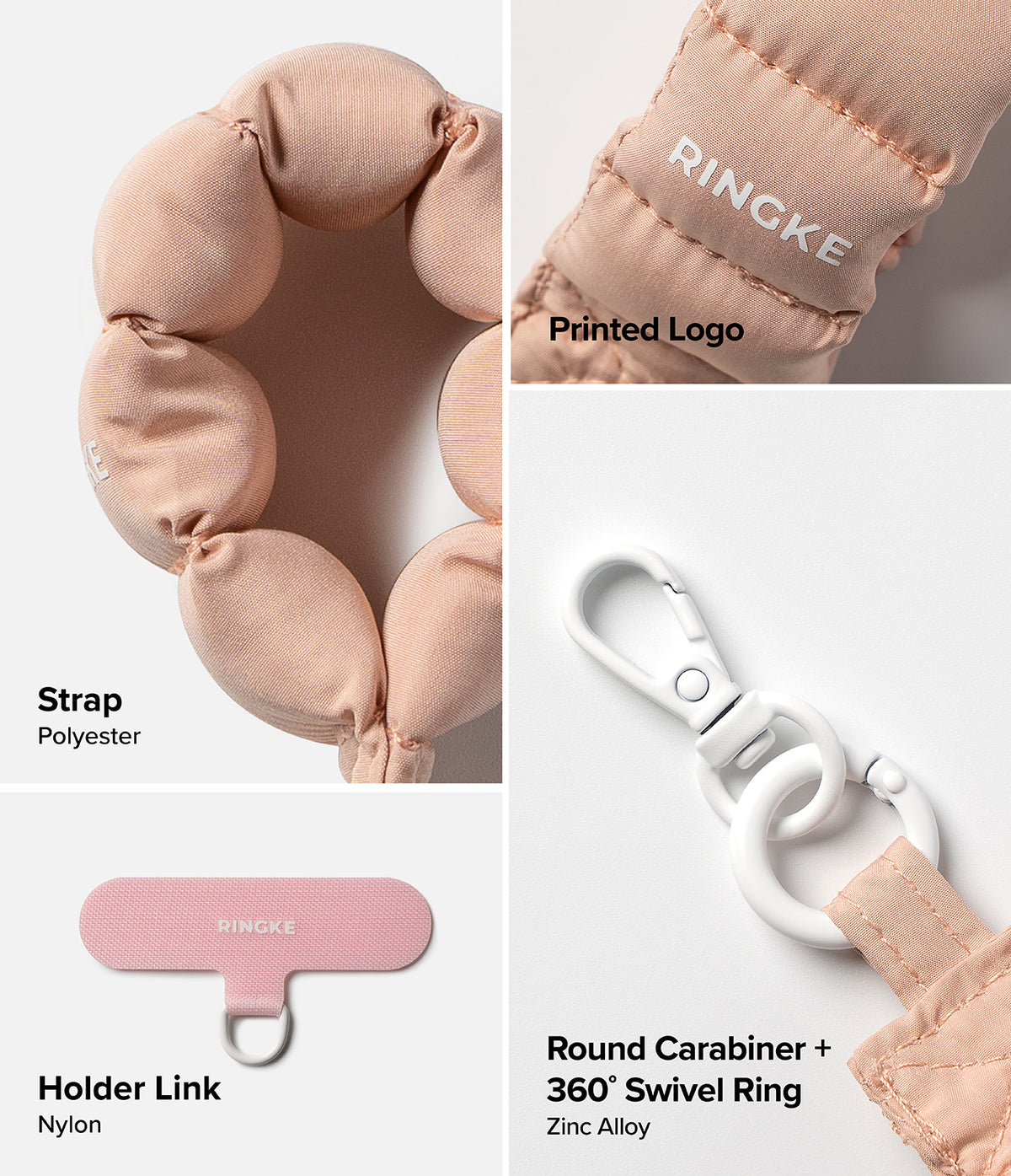 Holder Link Puffer | Finger - Close-up of a pink puffer strap, nylon holder link, and a white zinc alloy carabiner with swivel ring.