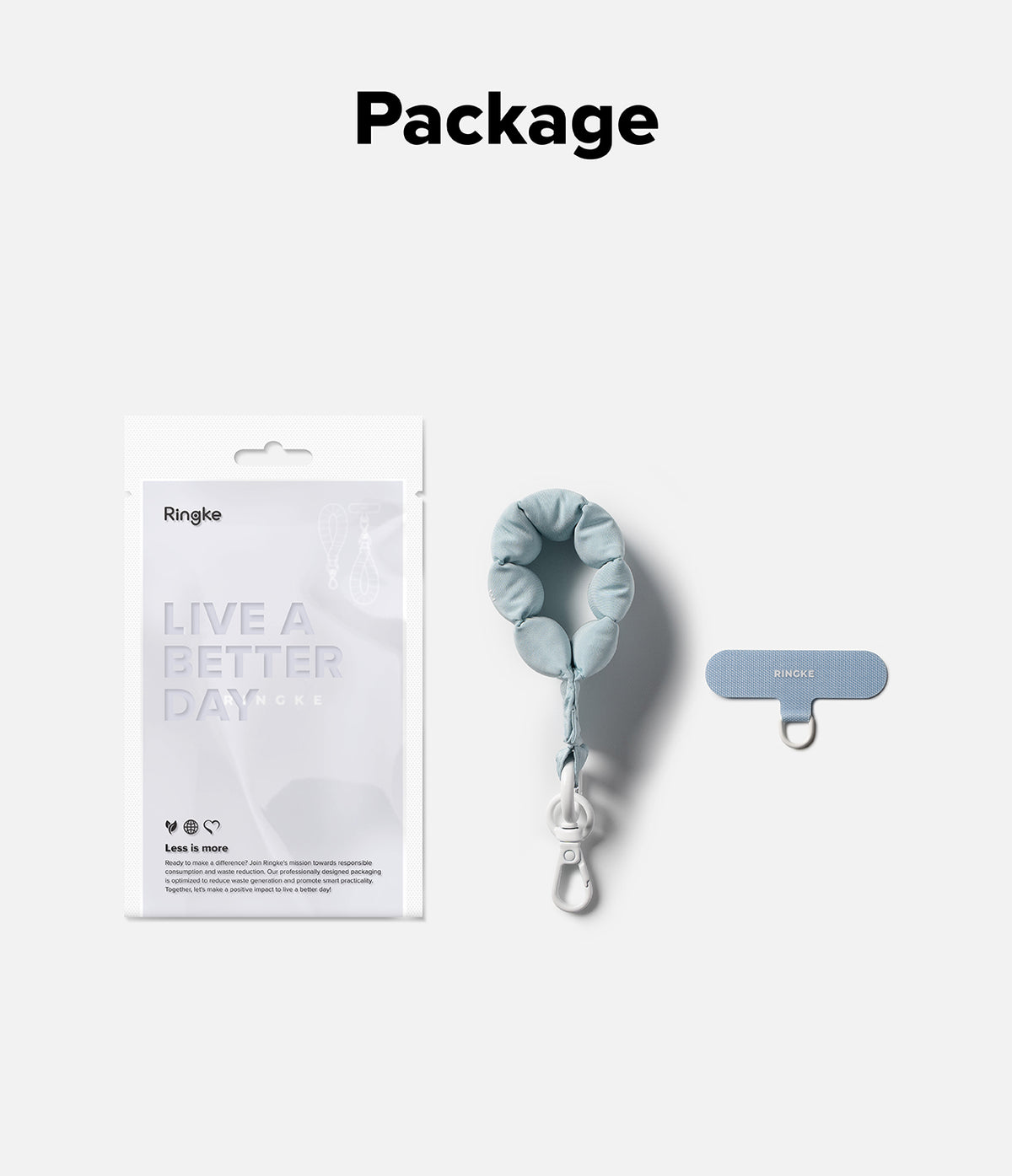 Holder Link Puffer | Finger - Light blue puffer finger strap with white clip and adhesive anchor in retail packaging.