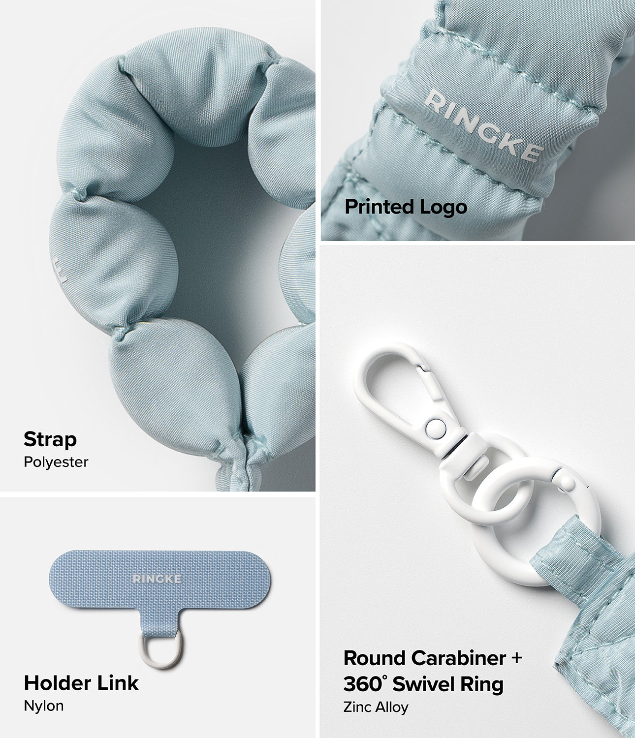 Holder Link Puffer | Finger - Light blue puffer finger strap with Ringke logo, carabiner, and nylon holder link.