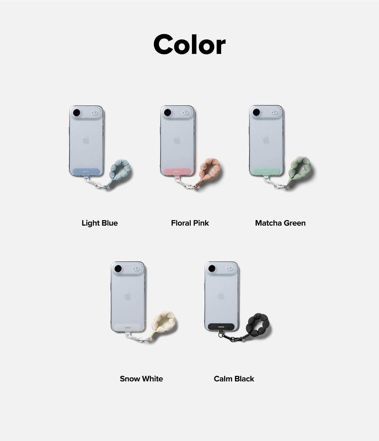 Holder Link Puffer | Finger - Five smartphones with matching puffer-style finger straps in blue, pink, green, white, and black.
