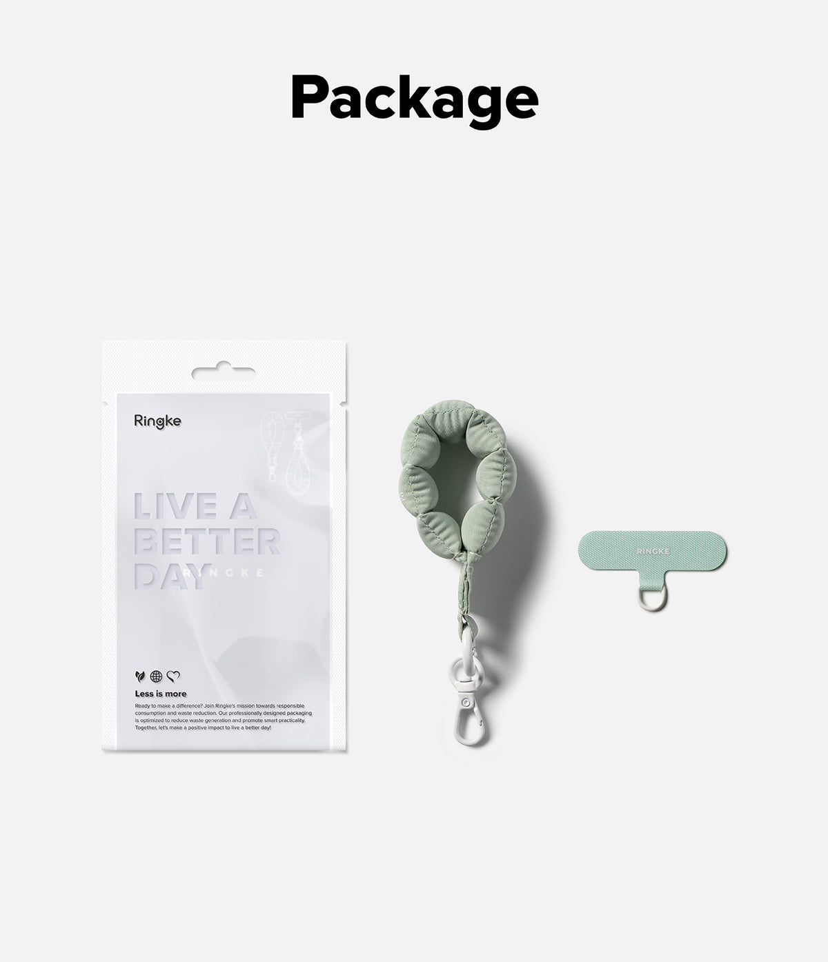 Holder Link Puffer | Finger - Sage green puffer finger strap with a white clip and matching adhesive anchor in retail packaging.