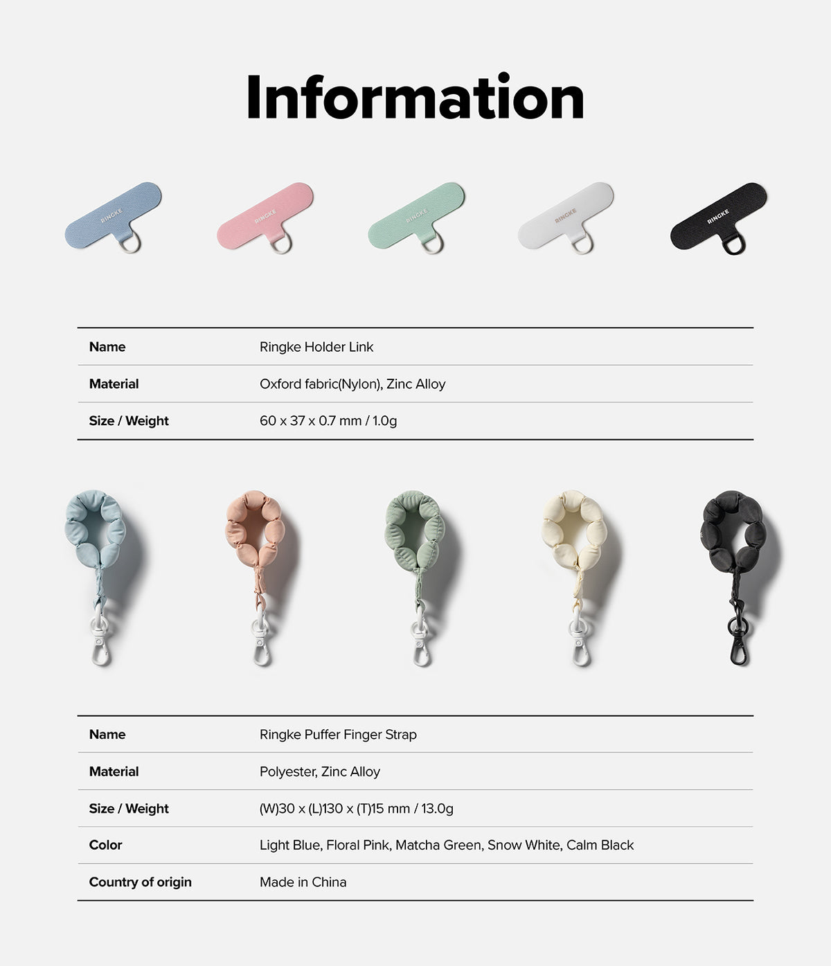 Holder Link Puffer | Finger - Product information chart showing Ringke Holder Links and Puffer Finger Straps in five colors.