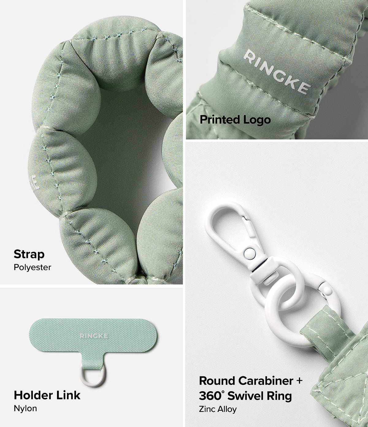 Holder Link Puffer | Finger - Sage green quilted finger strap with white carabiner, swivel ring, and nylon holder link.