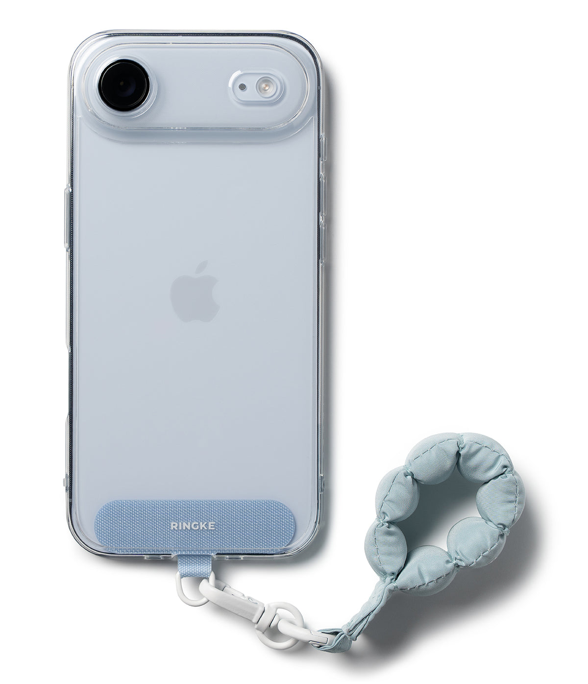 Holder Link Puffer | Finger - Clear phone case with a light blue fabric patch and a puffy, light blue finger strap attached.