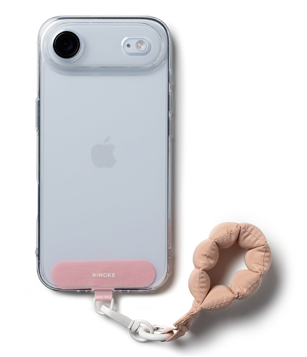 Holder Link Puffer | Finger - Clear phone case with a pink Ringke strap attachment and a puffy, beige finger loop.
