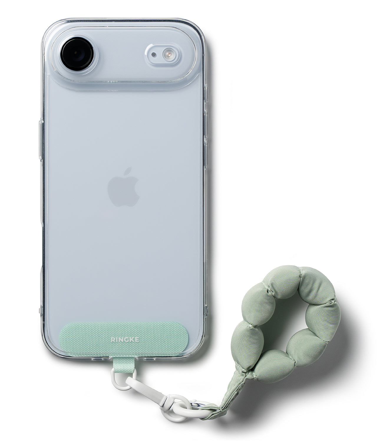 Holder Link Puffer | Finger - Light blue iPhone in a clear case with a sage green puffer-style finger strap attached.