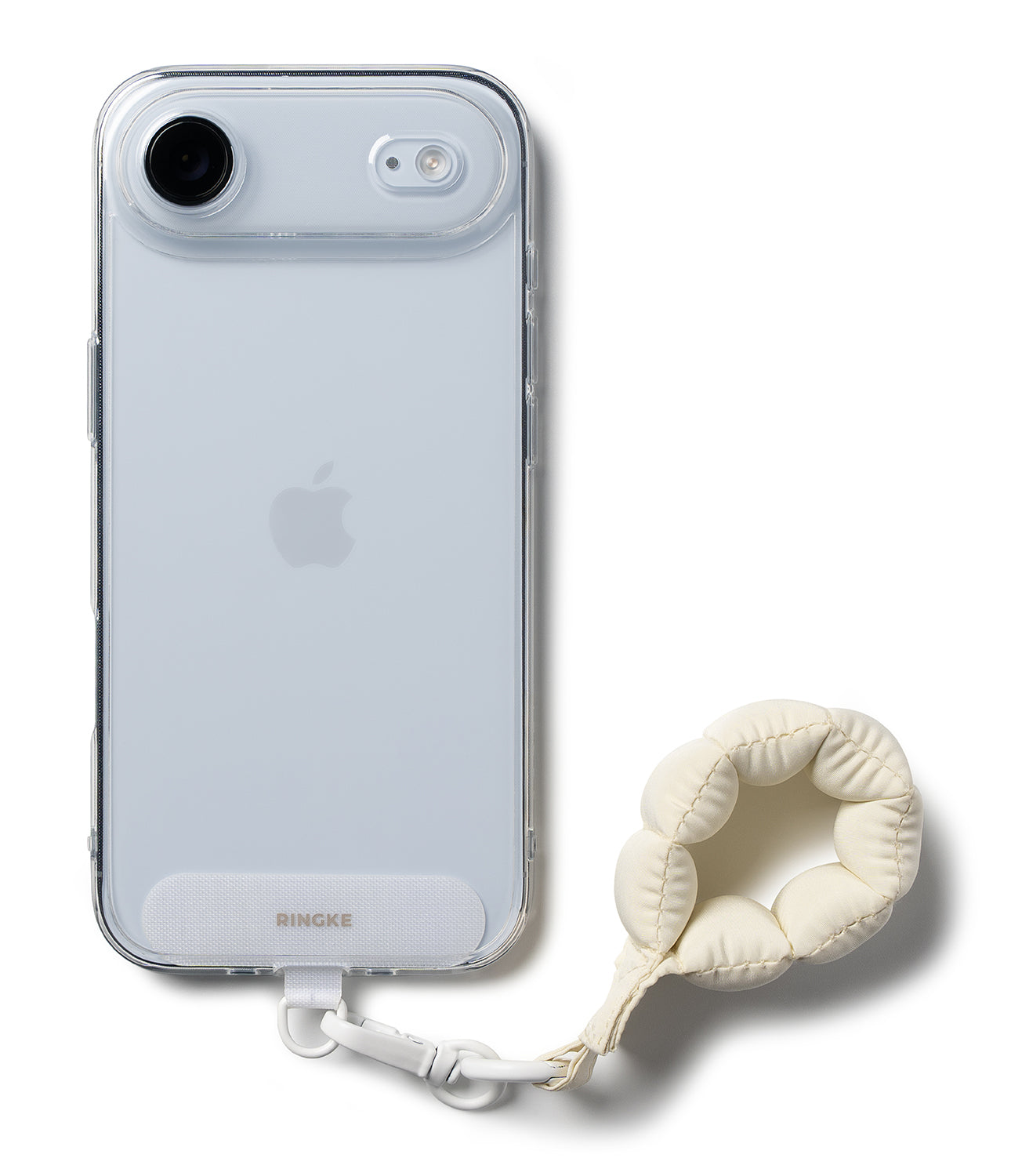 Holder Link Puffer | Finger - Clear phone case with a cream-colored, quilted, circular finger strap attached by a white clip.