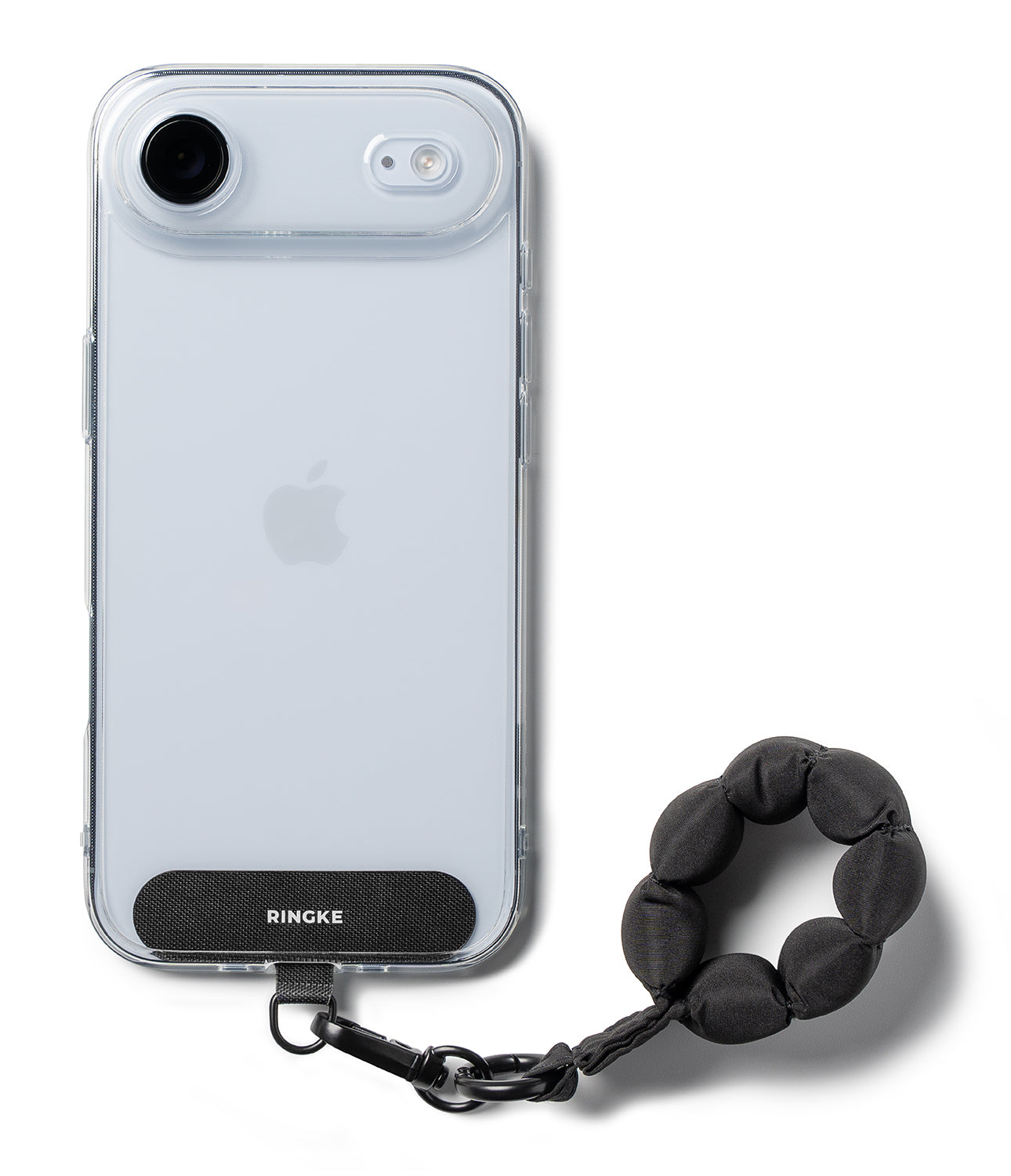 Holder Link Puffer | Finger - Clear phone case with a black Ringke strap attachment and a puffy, circular black finger loop.