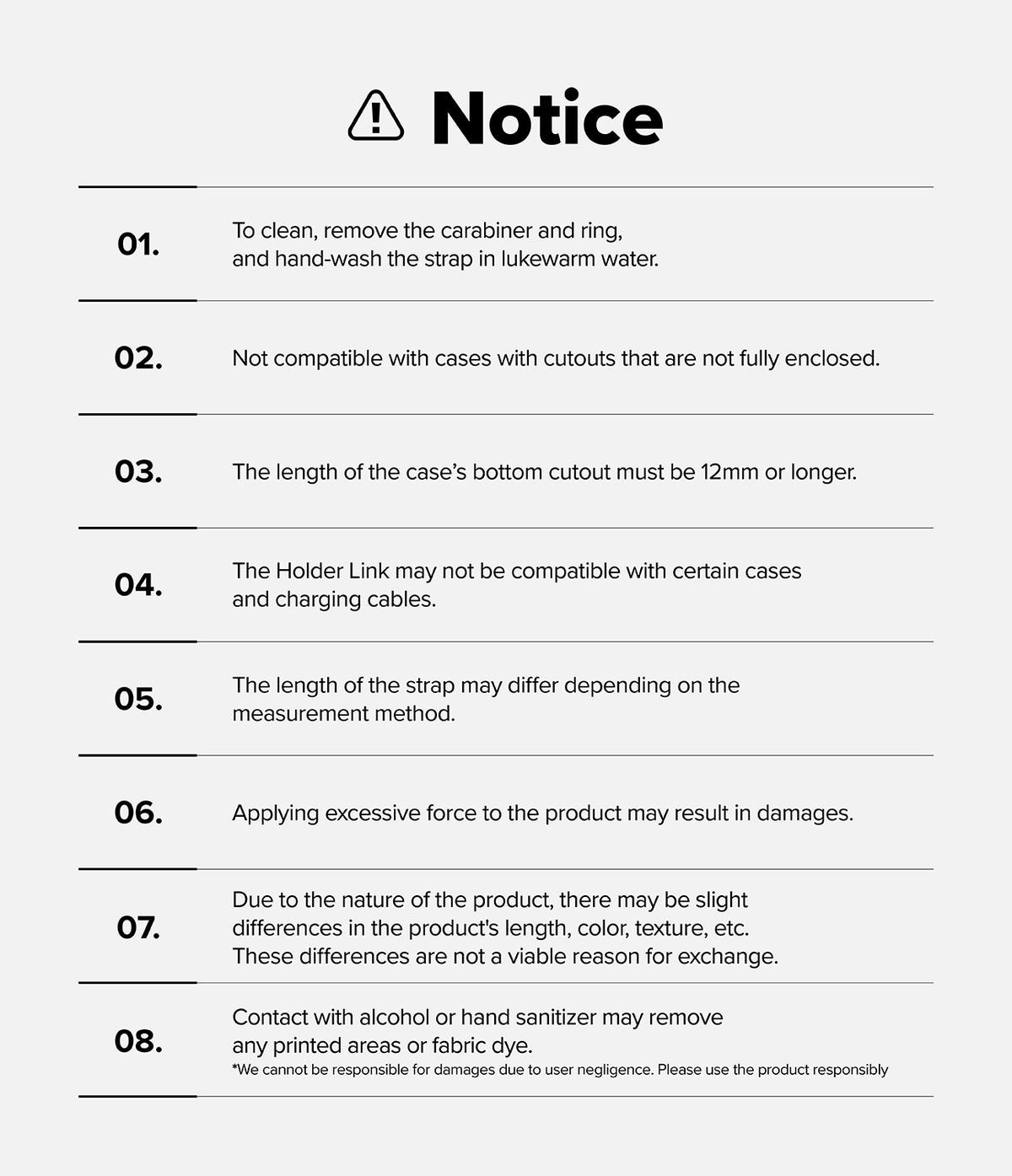 Holder Link Puffer | Finger - A numbered list of eight care and compatibility notices for the Holder Link Puffer strap.
