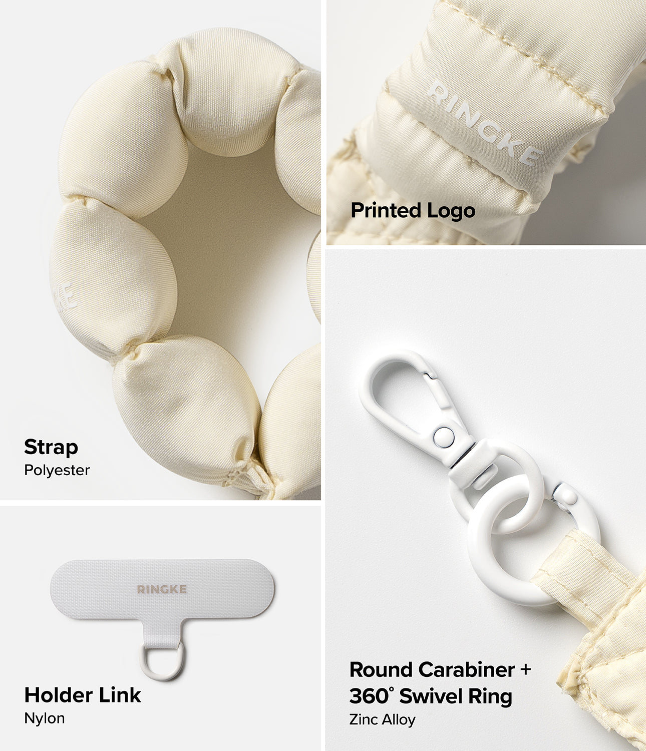 Holder Link Puffer | Finger - Cream puffer finger strap with Ringke logo, polyester material, and zinc alloy carabiner.