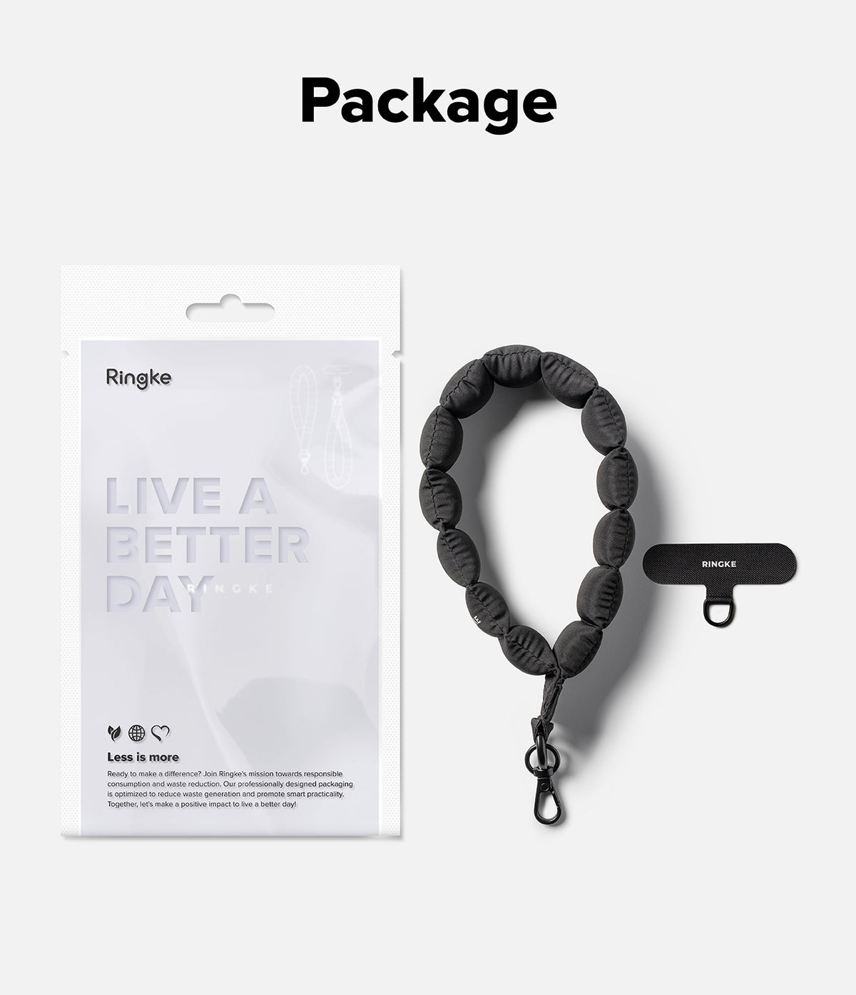 Holder Link Puffer | Hand - Ringke puffer hand strap with a black metal clip and a rectangular mounting tab in packaging.