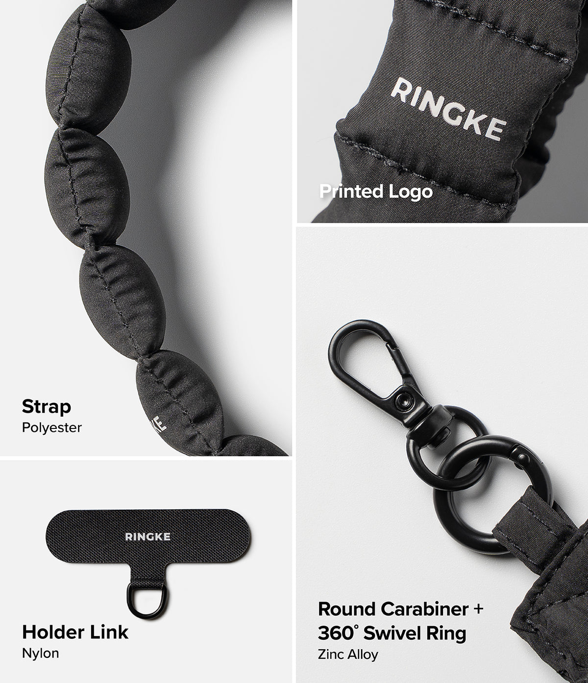 Holder Link Puffer | Hand - Black quilted polyester strap, nylon holder link, and zinc alloy 360-degree swivel carabiner.