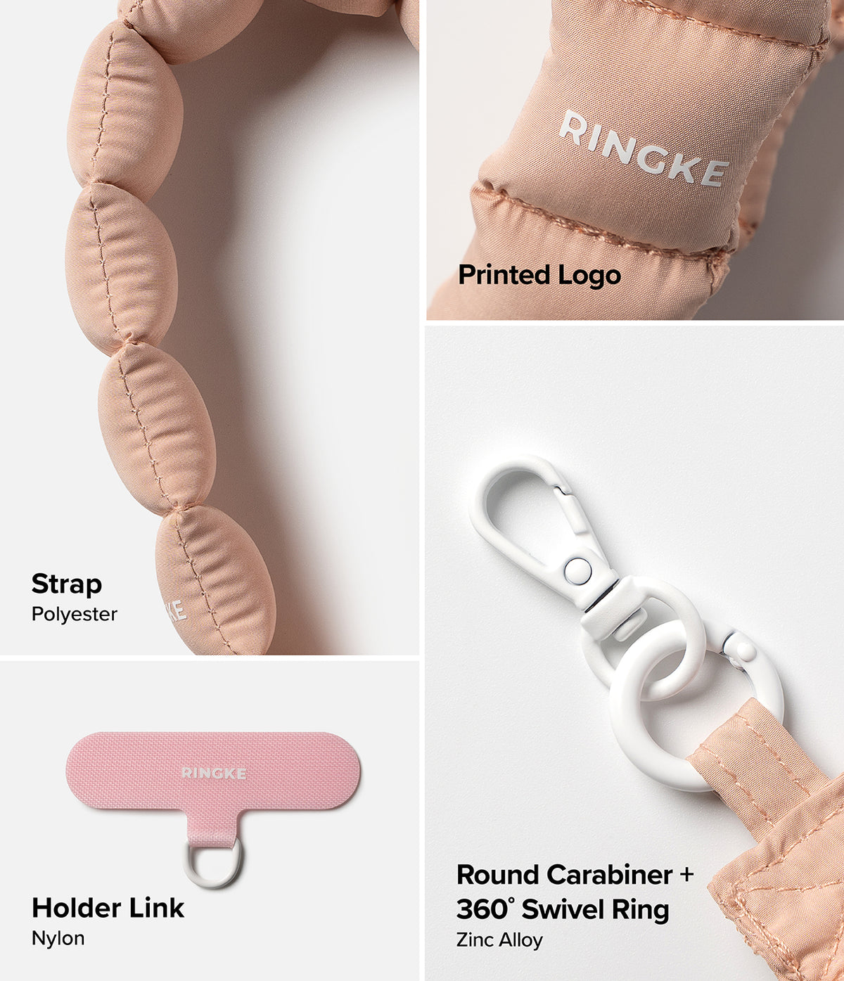 Holder Link Puffer | Hand - Pink quilted polyester strap, nylon holder link, and white zinc alloy swivel carabiner.