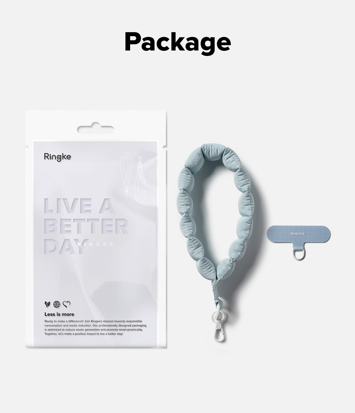 Holder Link Puffer | Hand - Light blue puffer hand strap with a matching adhesive anchor tab and Ringke retail packaging.