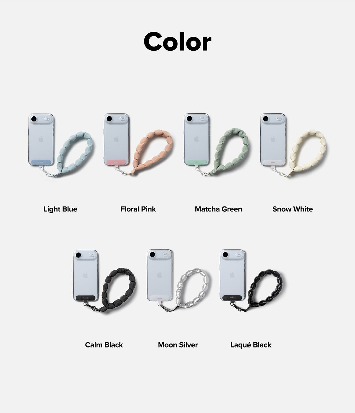 Holder Link Puffer | Hand - Various color options of phone cases with straps on a white background