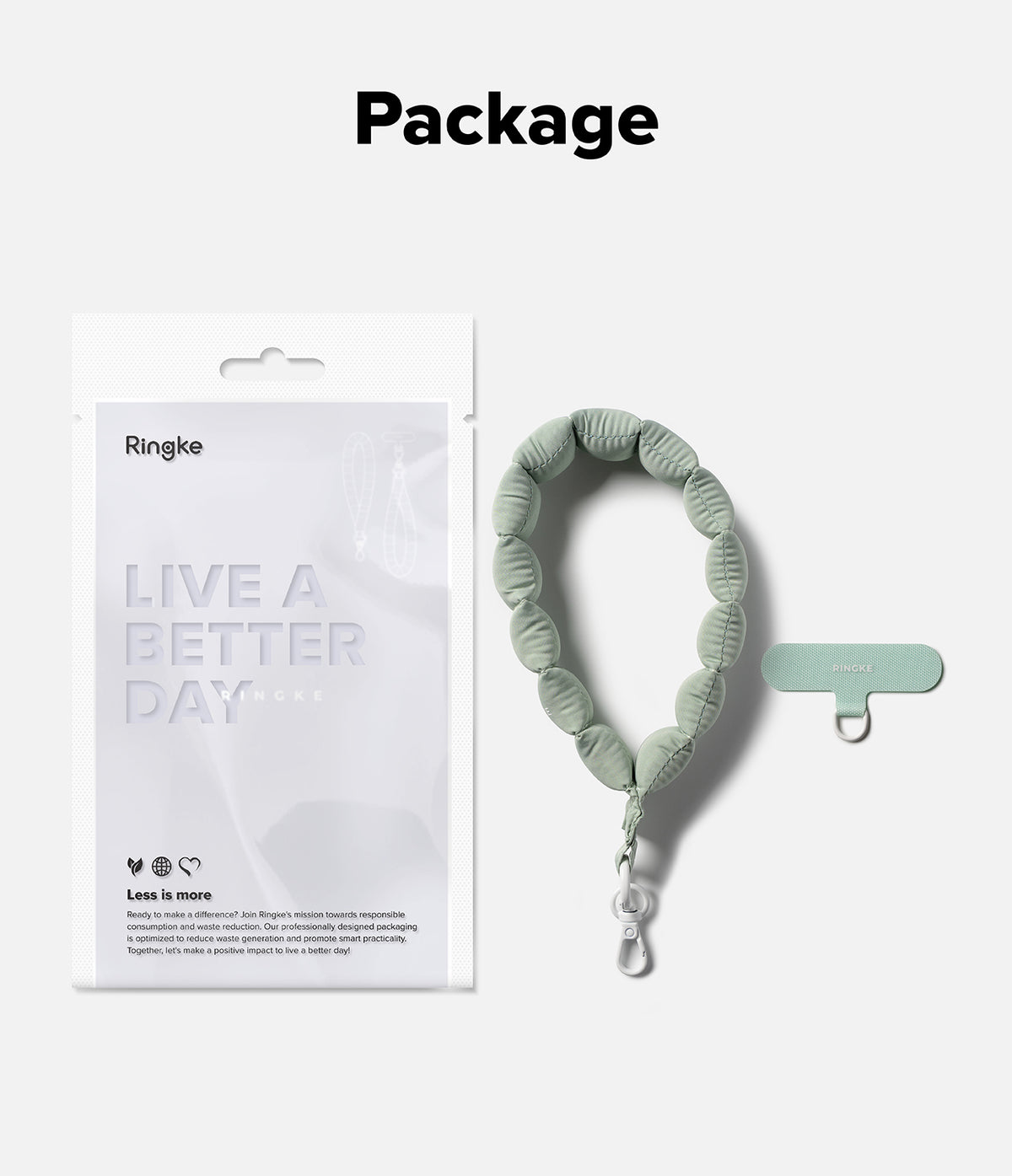 Holder Link Puffer | Hand - Sage green puffer wrist strap with a matching adhesive anchor tab and Ringke retail packaging.