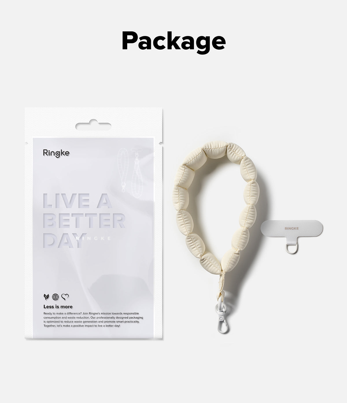 Holder Link Puffer | Hand - Cream-colored quilted puffer hand strap with a white clip and a Ringke phone tether tab.