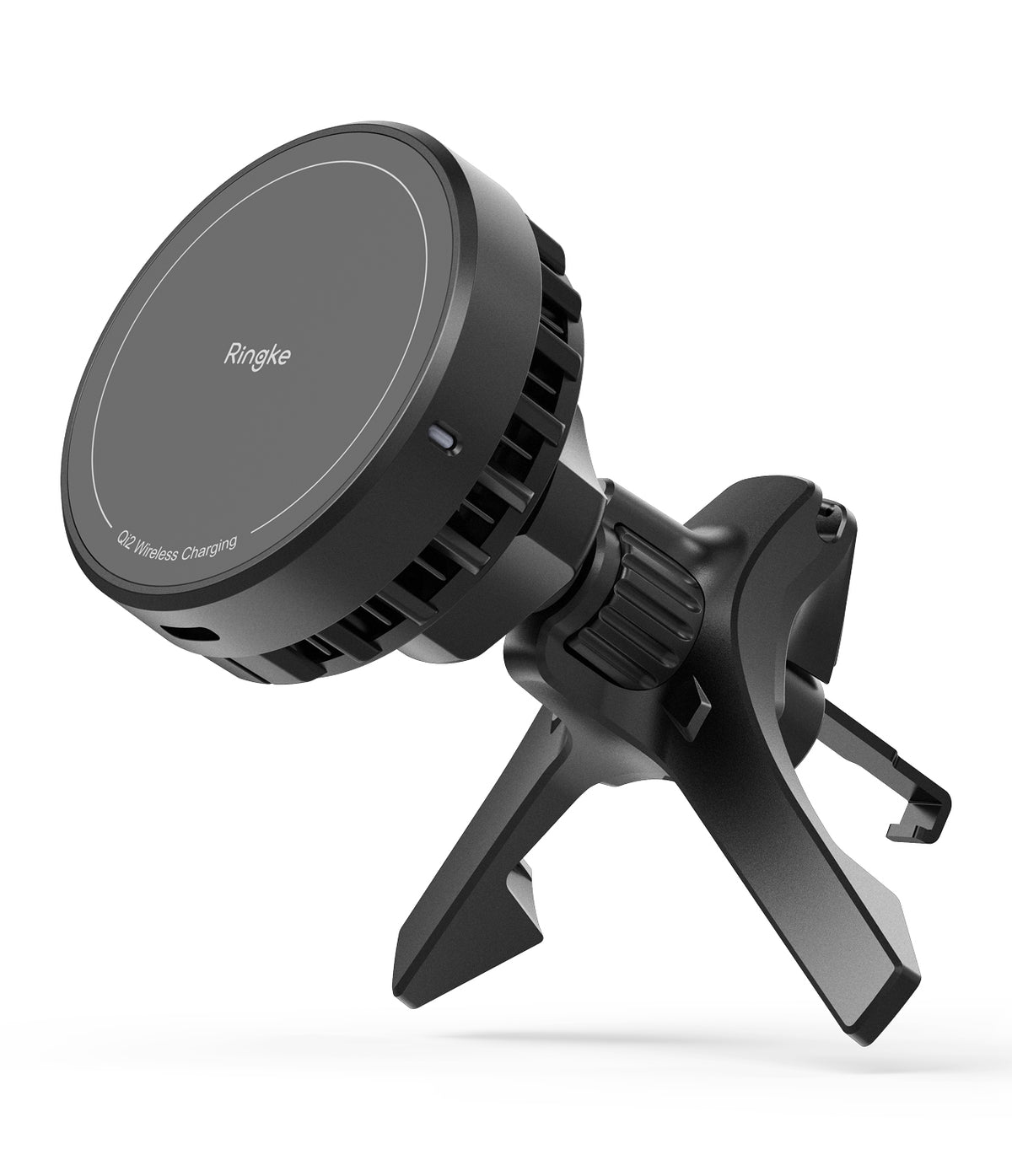 Qi2 Peltier Magnetic Car Charger Mount - Black magnetic wireless car charger with cooling fins and air vent clip.