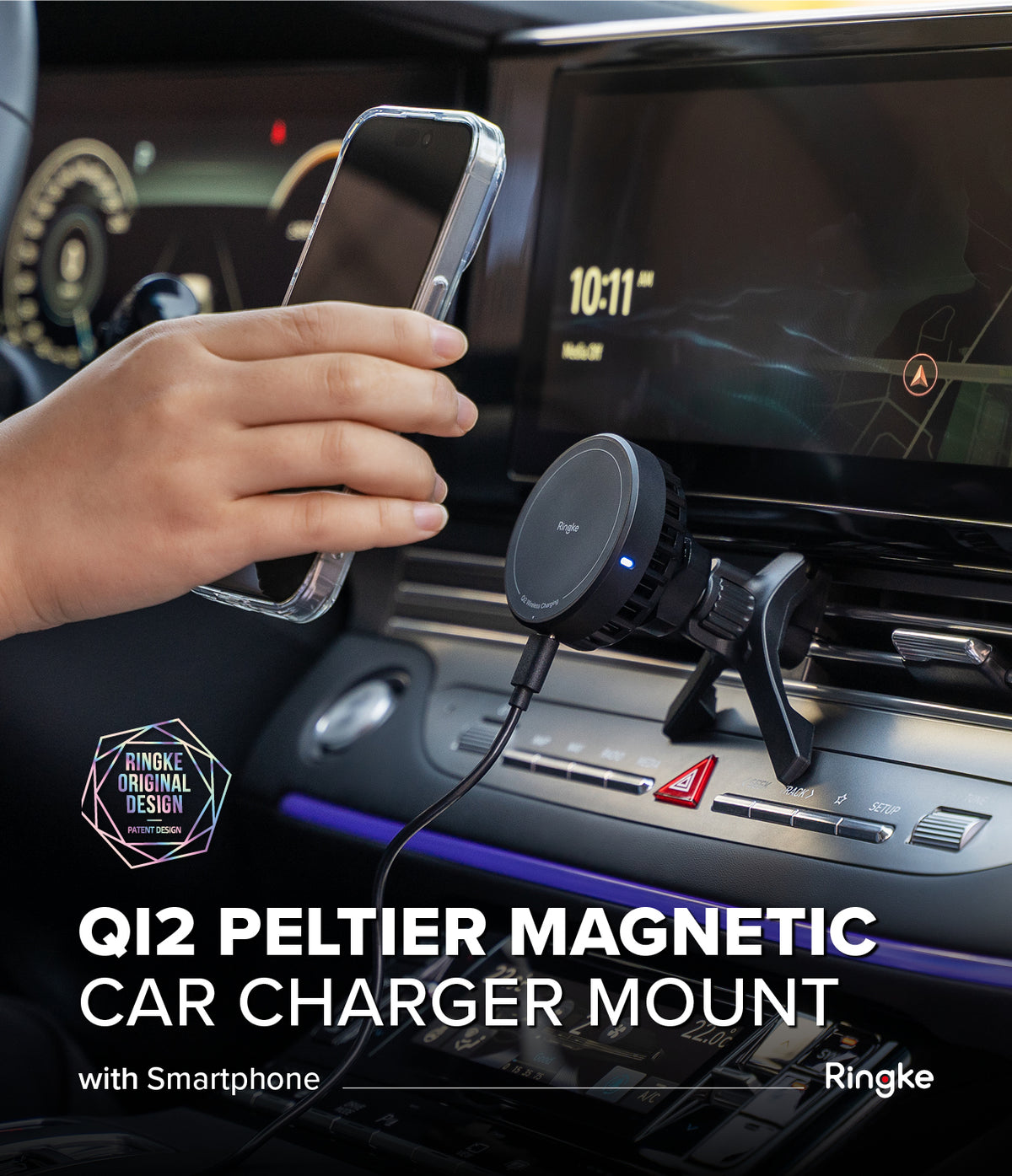 Qi2 Peltier Magnetic Car Charger Mount - Hand holding a smartphone near a magnetic car vent mount with a cooling fan.