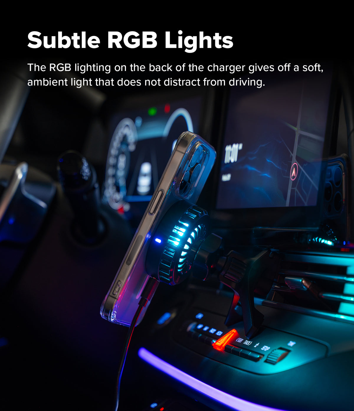 Qi2 Peltier Magnetic Car Charger Mount - Smartphone mounted on a car vent with glowing blue RGB cooling fan lights.